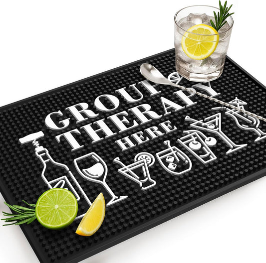Group Therapy Bar Mat – Heavy Duty 18"x12" Rubber Bar Mats for Countertop, Non-Slip Bartender & Spill Mat for Home Bar, Funny Bar Gifts