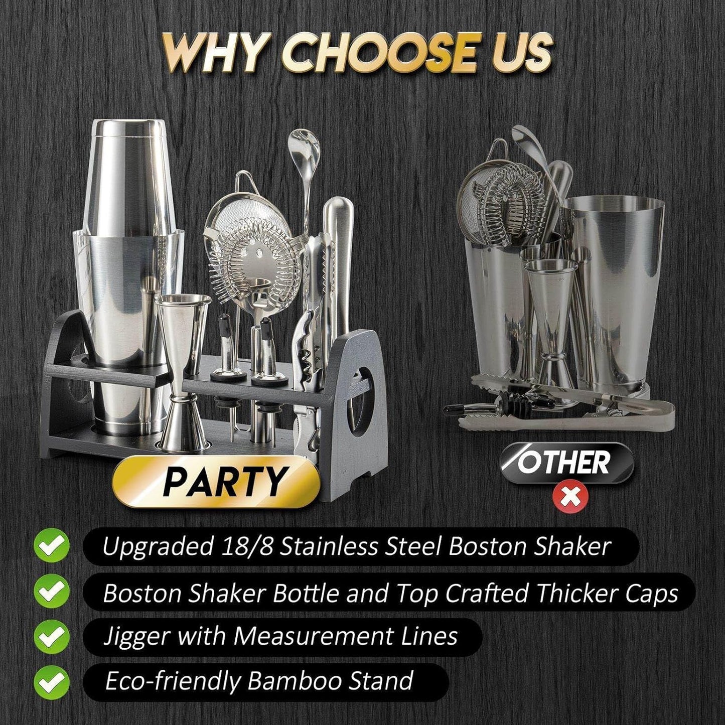 Semderm Boston Shaker Set, Weighted Cocktail Shaker & Mixology Bartender Kit - Heavy Duty 18/8 Stainless Steel Tins with Black Bamboo Stand - Includes Fine Mesh Strainer & Jigger