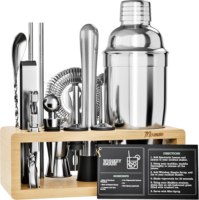 Mixology Bartender Kit with Stand - 15 Piece Bar Tool Set, Silver Bar Set Cocktail Shaker Set for Drink Mixing - Includes Martini Shaker, Jigger, Strainer, Bar Mixer Spoon, Tongs, Opener | Gift Idea - B0DQJQM5MY