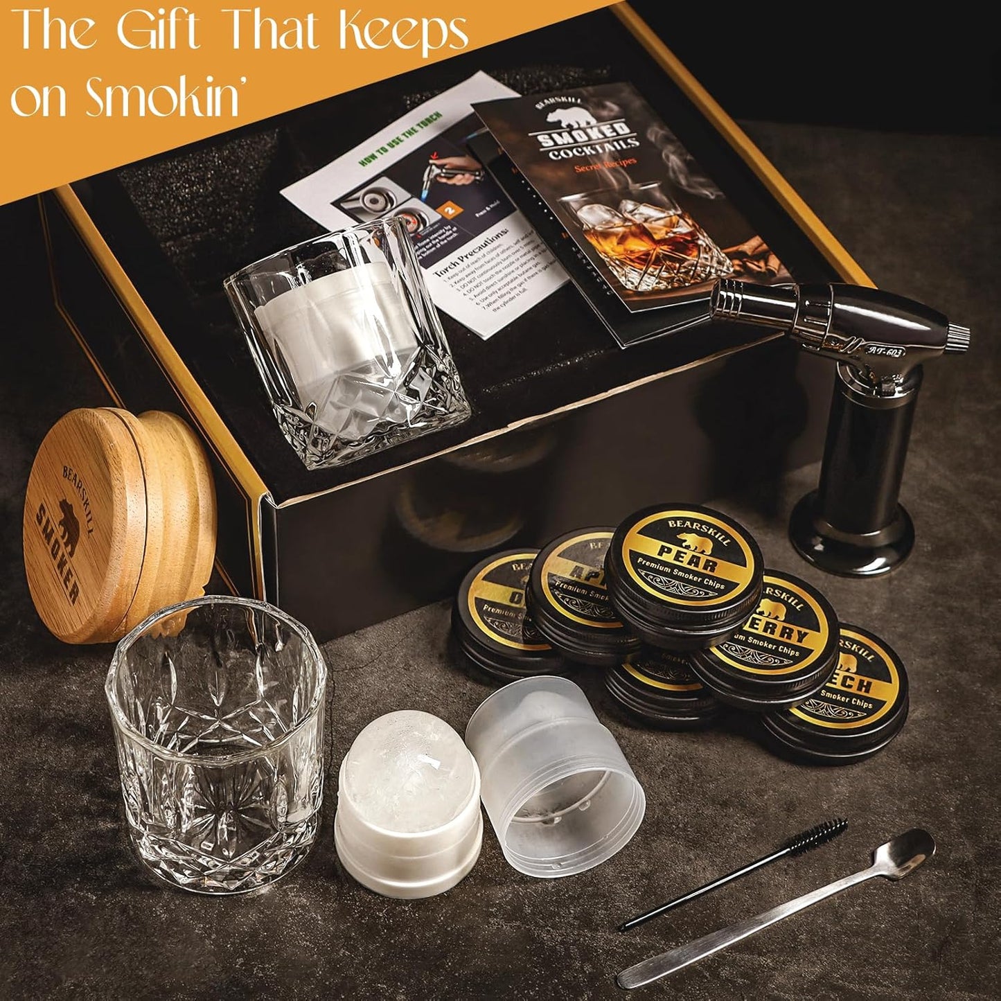 Whiskey Smoker Kit with Torch - 6 Natural Wood Chips Flavors, 2 Glasses, 2 Ice Molds - Cocktail Smoker Infuser Kit, Old Fashioned Smoker Kit, Birthday Bourbon Whiskey Gifts for Men, Dad(No Butane)