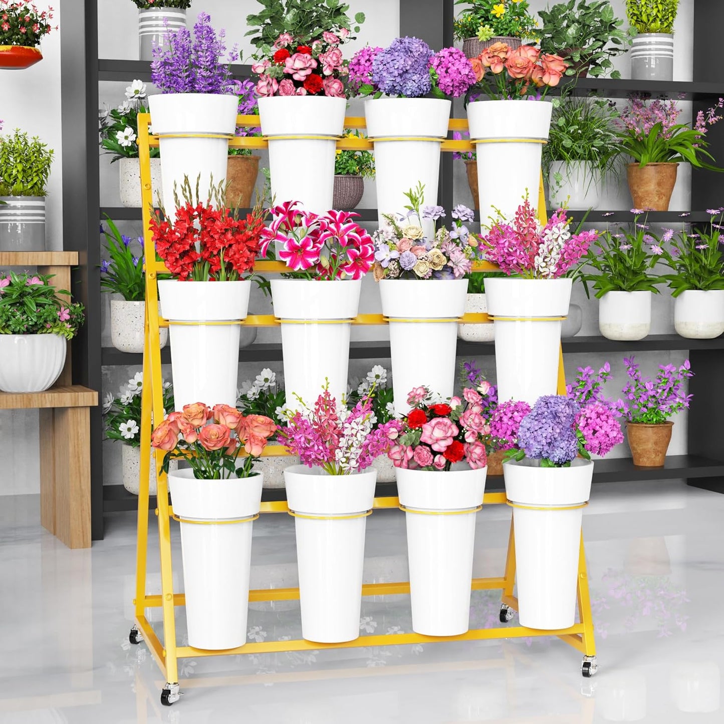 Asee'm Flower Display Stand with Buckets, 3 Layer Metal Flower Bar Stand, Heavy Duty Flowers Cart Display with Wheels Moving Plant Bouquet Shelf for Indoor Outdoor Patio Decor Terrace Wedding Gold
