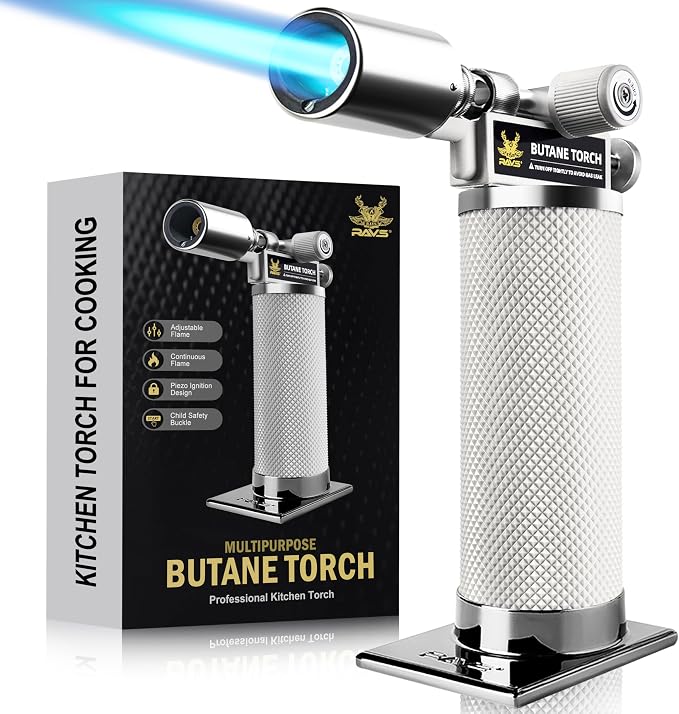 RAVS Butane Torch Lighter, Premium Metal Kitchen Torch, Black - Cream White​​