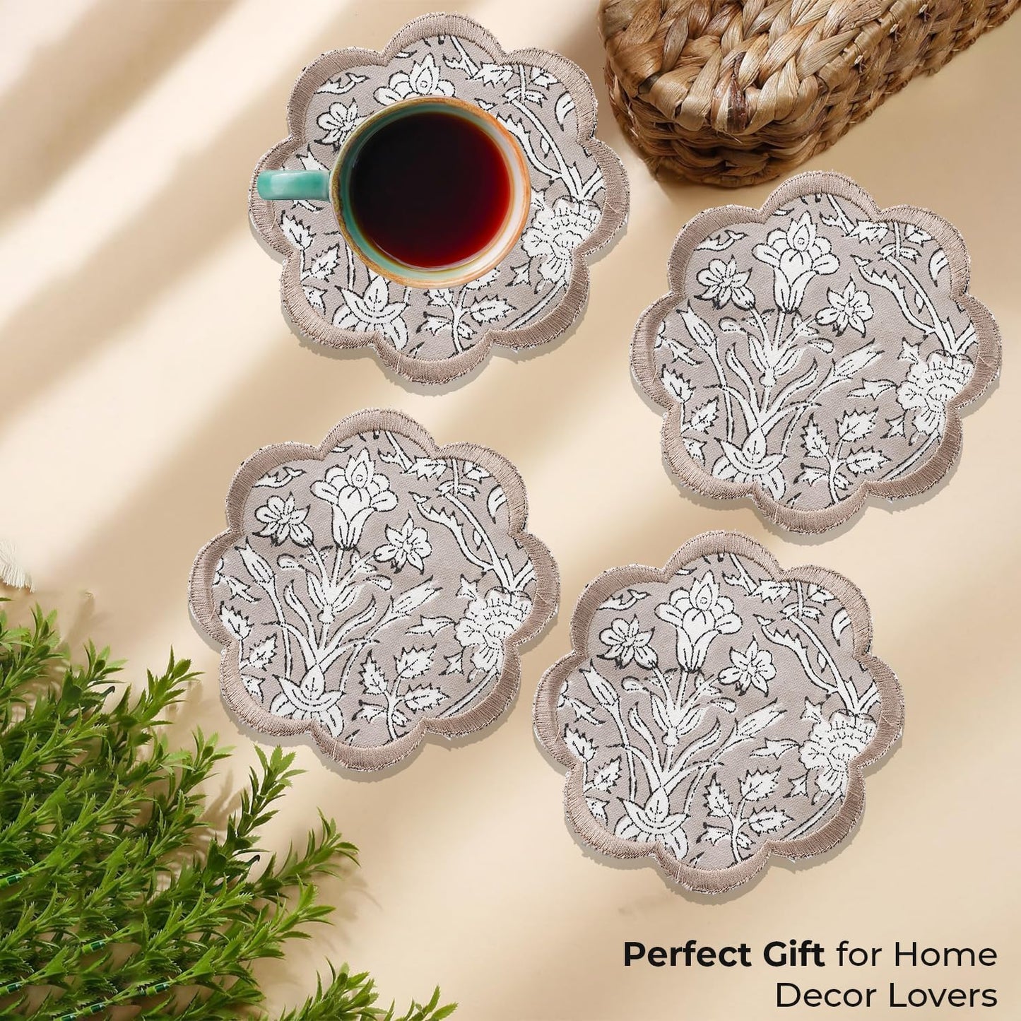 Ridhi Hand Block Print 8- pcs Canvas Cotton Drink Absorbent Stylish Embroidery Scallop Coaster Set Boho Modern Home Decor and Wooden Table Protection 5 inch Taupe