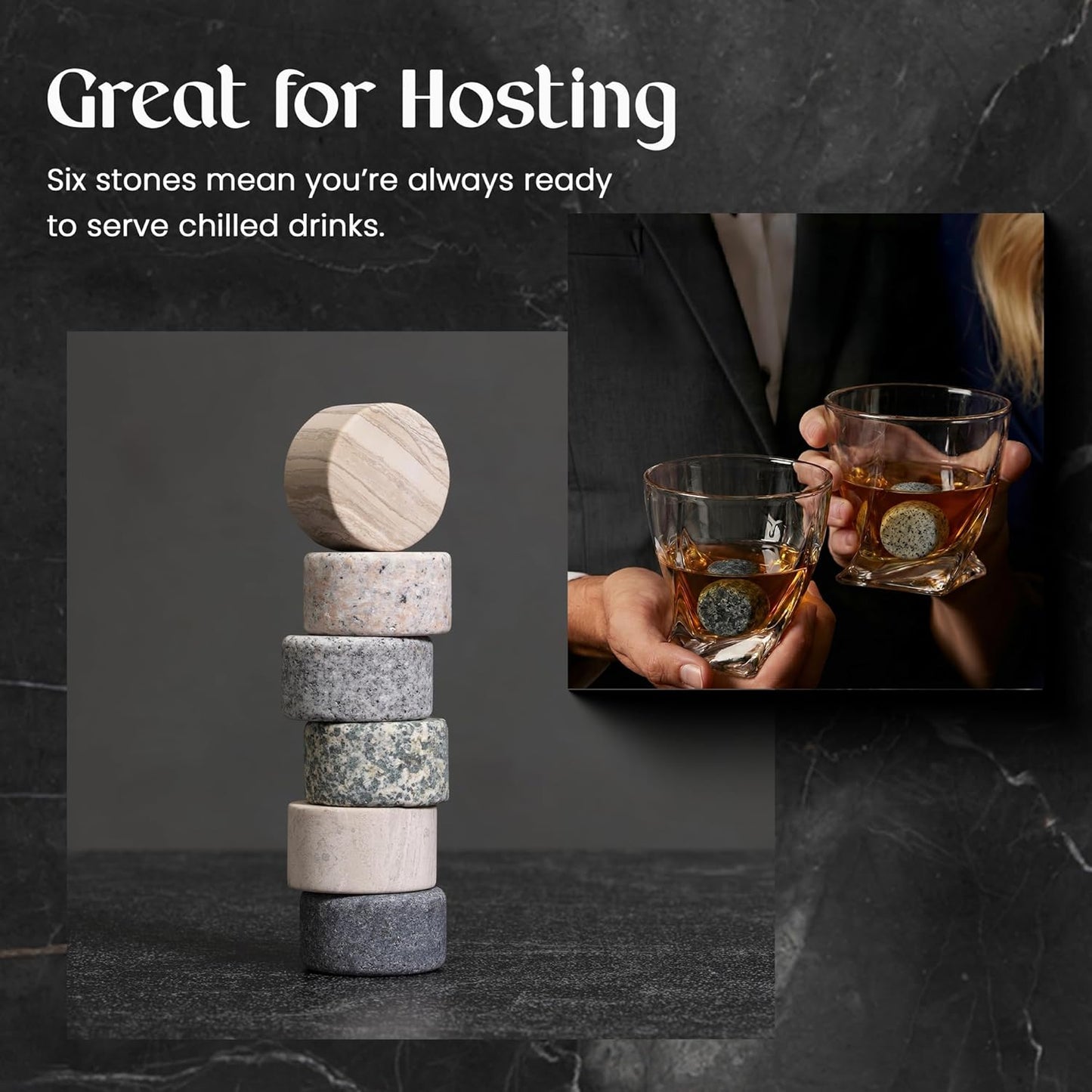 Mixology & Craft Whiskey Stones Set - 6 Circular Granite Bourbon Chilling Rocks - Great Whiskey Gifts for Men, Fathers, Groomsmen Gifts