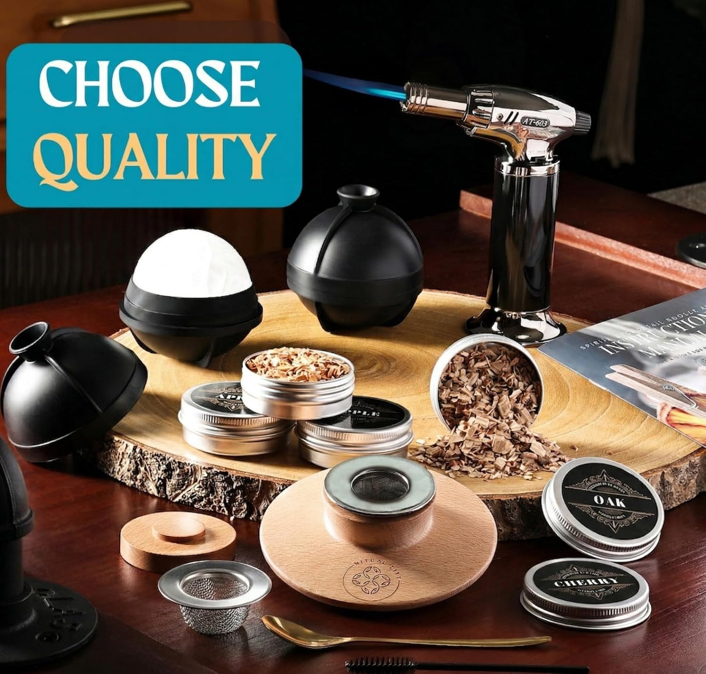 Cocktail Smoker Kit - Whiskey Bourbon Drink Smoker with Torch, Custom Top, 2 Ice Ball Makers, 6 Flavors Wood Chips, Extra Filter - Smokers for Whiskey Drinks - Cocktail Drink Smoking Kit