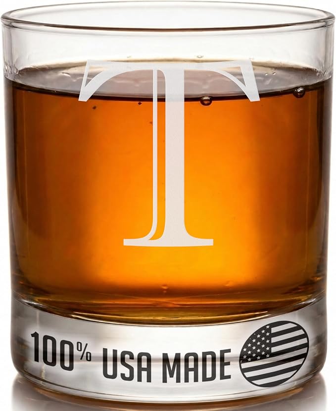Etched Monogram 11oz Whiskey Rocks Glass (Letter J), A-Z Customized Bourbon Gifts for Men, Father’s Day, Personalized Old Fashioned Scotch Glass, Custom Engraved Gifts for Him, Initial, Name - Clear Etch T