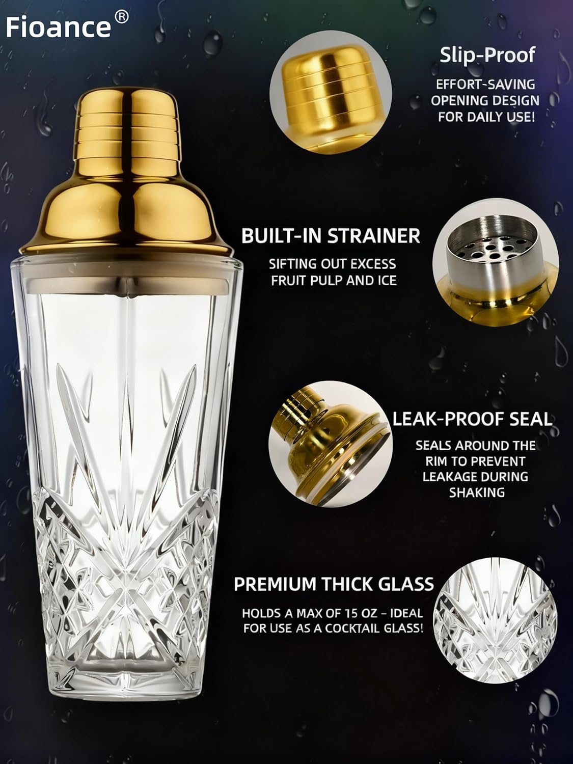 15oz Gold Lid Crystal Cocktail Shaker, Lead-Free Glass with #304 Steel Strainer, Leak-Proof Barware for Home Bartenders