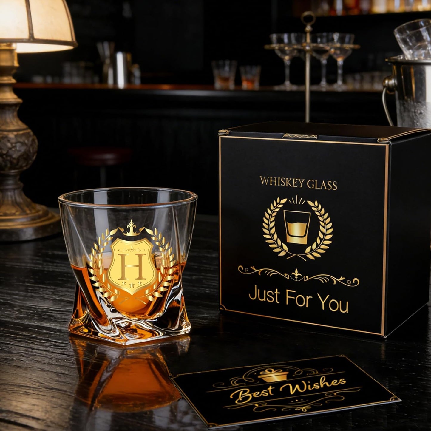 Monogrammed Whiskey Glass Gift Initial Letter H Gift for Man Woman Personalized A-Z Wine Glasses Gifts Package with Whisky Glass and Greeting Card for Men or Women