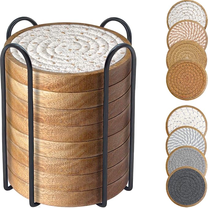 Wood Coasters for Drinks, Eykao Absorbent Coaster Sets of 5, Woven Drink Coasters for Coffee Table, Housewarming Gift for Farmhouse Home Decor,4 inches - Brown & Grey