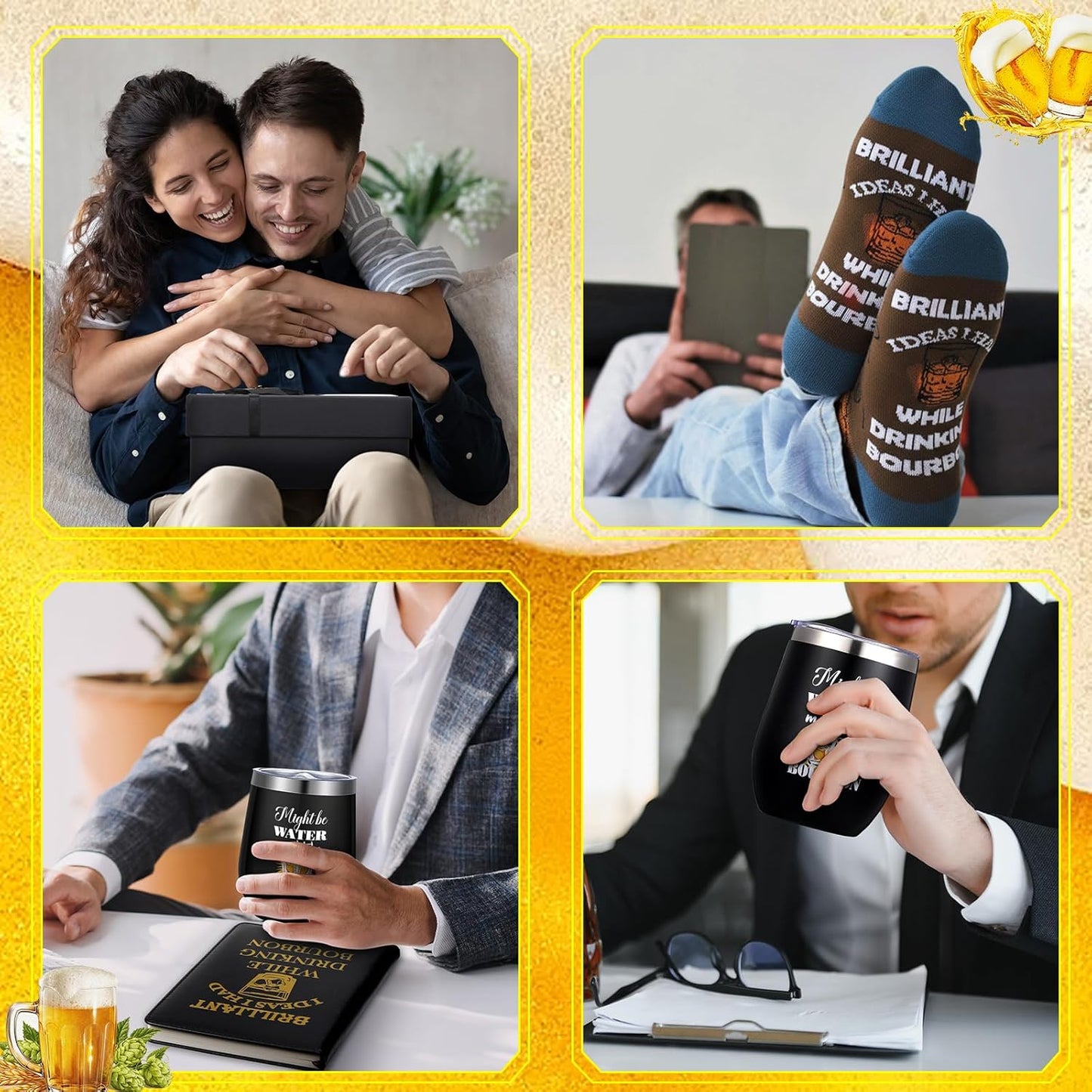 Reallnaive 6 Pcs Bourbon Gift for Men Funny Whiskey Lovers Gifts 12 oz Stainless Steel Cup Socks Keychain Pen Notebook Box for Father's Day Dad Husband Grandpa Bourbon Whiskey Lovers Gift