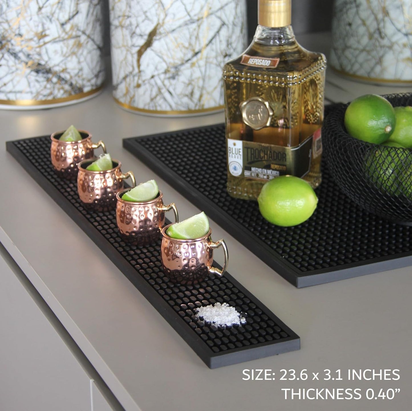 Rubber Bar Mat – Non-Slip Spill & Drip Mat for Bartending, Coffee Bar & Kitchen Countertop, Thick Durable Counter Protector & Stylish Drying Mat (Total Black, Runner 23.6" x 3.1")