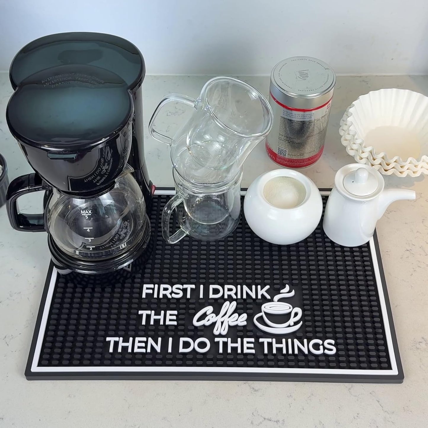 First I Drink the Coffee Then I Do the Things Silicone Station Mat for Countertop 18x12 in, Funny Coworker Gift, Coffee Bar Sign, Non-Slip Espresso Machine Mat, Dishwasher Safe