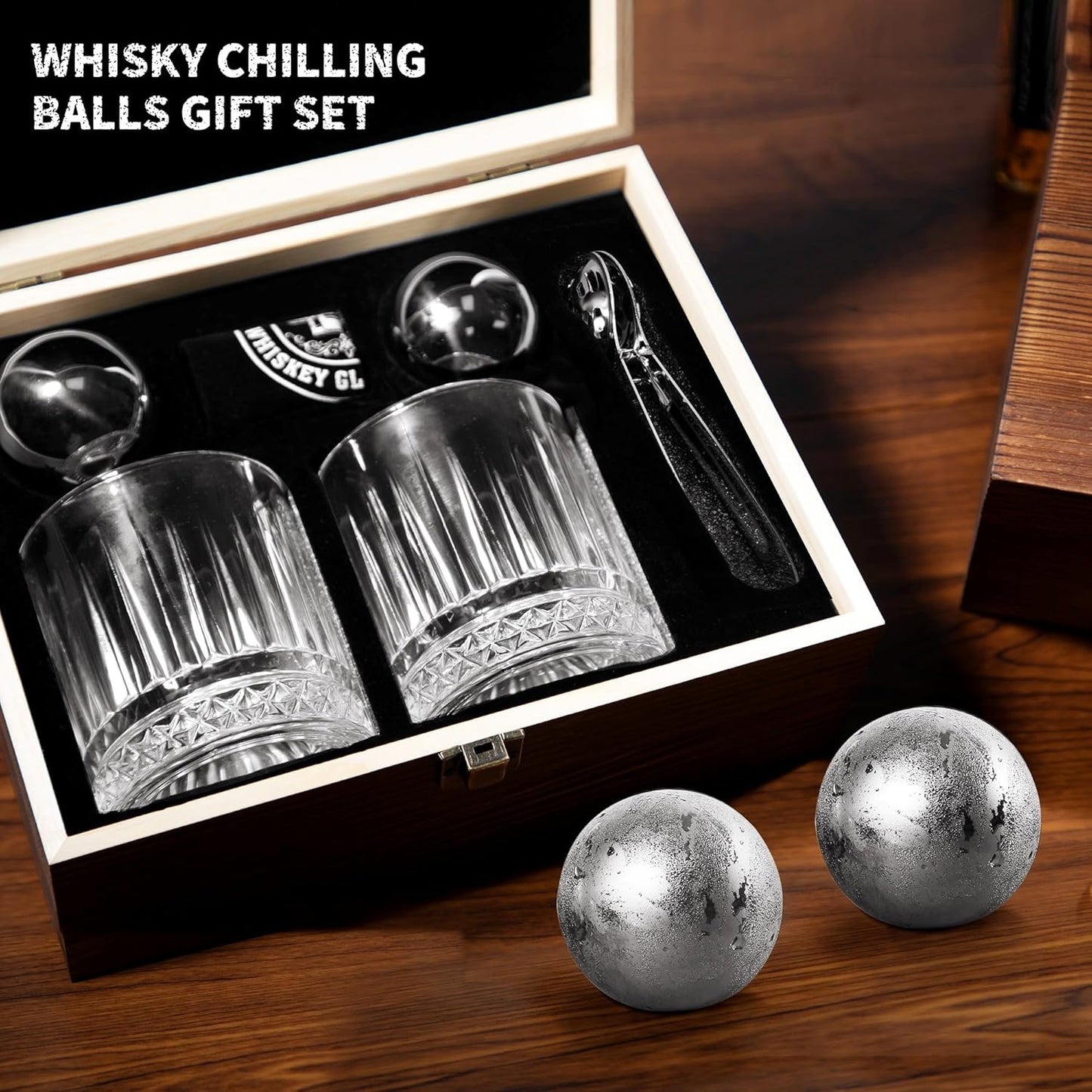 Whiskey Set Gifts for Men - Whisky Glass Set with 2 Large Stainless Steel Chilling Balls -Father's Day Anniversary Birthday Gifts for Men Dad Husband Him Boyfriend
