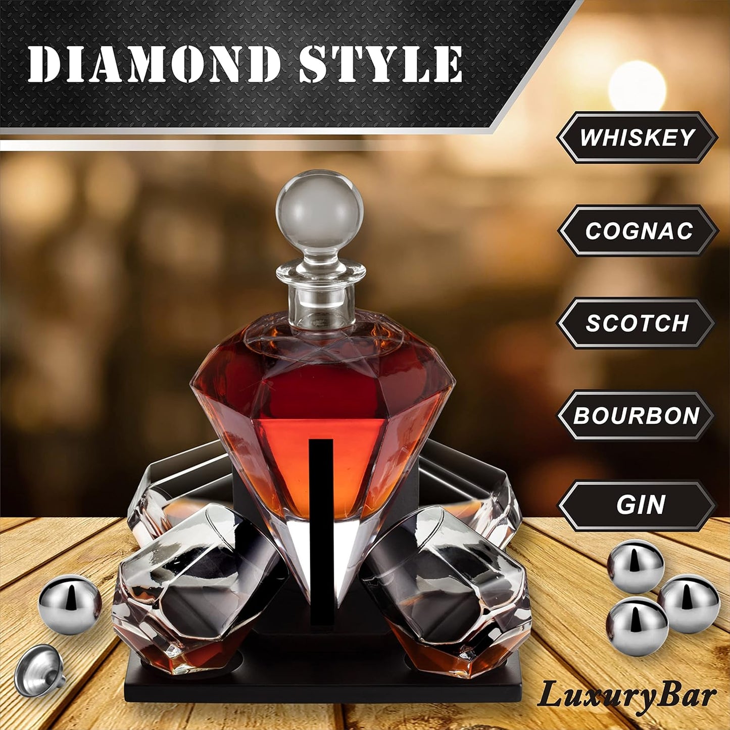 LuxuryBar Diamond Whiskey Decanter Sets for Men with ChillBall &Tray, 26oz Whiskey Decanter Set Liquor Dispenser Bourbon Decanter Whiskey Set Gifts for Men