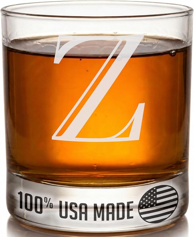 Etched Monogram 11oz Whiskey Rocks Glass (Letter J), A-Z Customized Bourbon Gifts for Men, Father’s Day, Personalized Old Fashioned Scotch Glass, Custom Engraved Gifts for Him, Initial, Name - Clear Etch Z