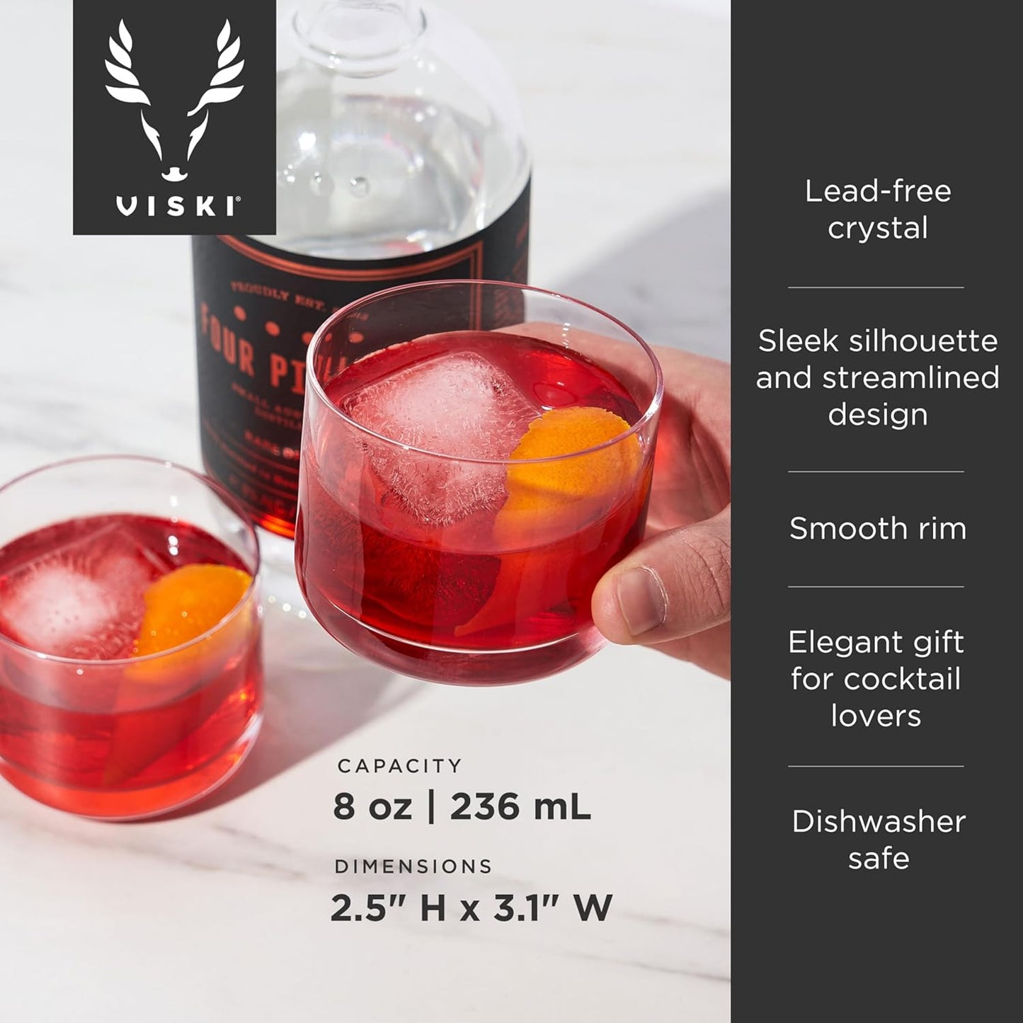 Viski Raye Crystal Negroni Glasses, Lowball Cocktail Glasses Premium Crystal Glassware, 8oz Tumbler Glasses Set of 2