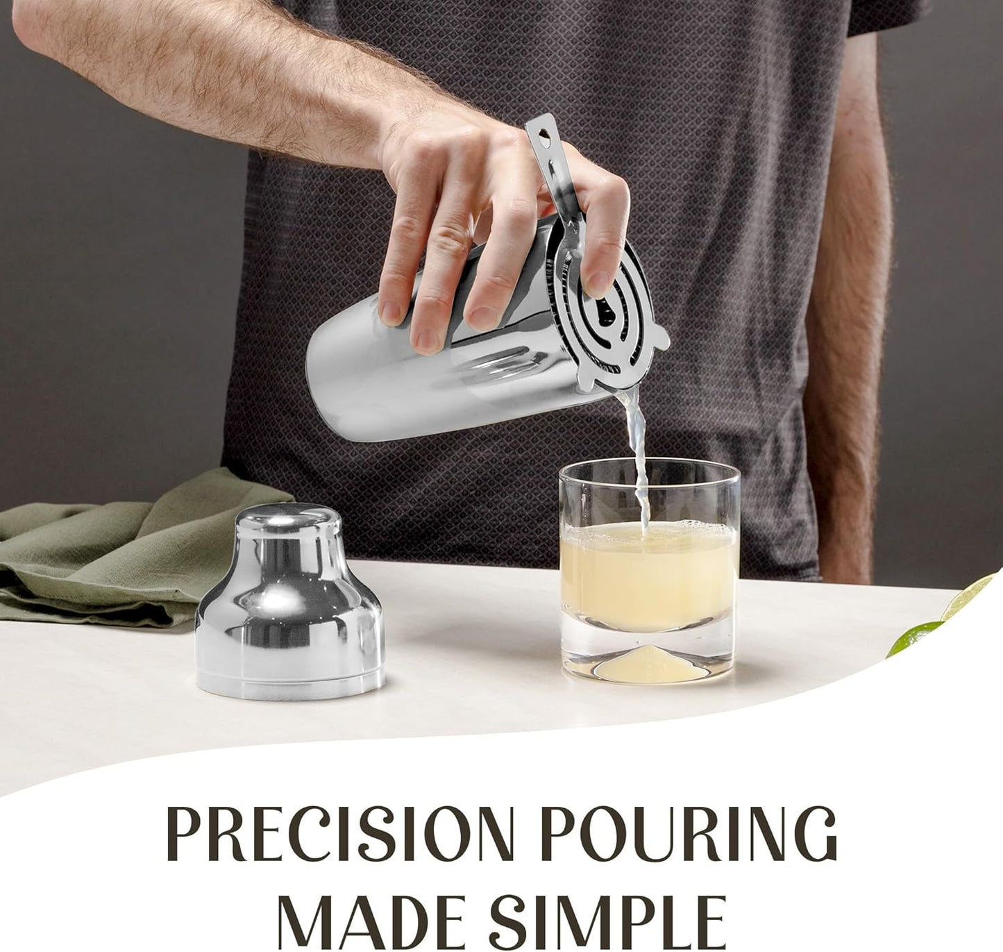 Modern Mixology Cocktail Shaker Set - Bartender Kit with Pine Stand | Leak-Proof Design | Includes Martini Shaker, Jigger, Strainer, Spoon, Tongs | Perfect Bar Tools Gift for Home Mixology (Silver)