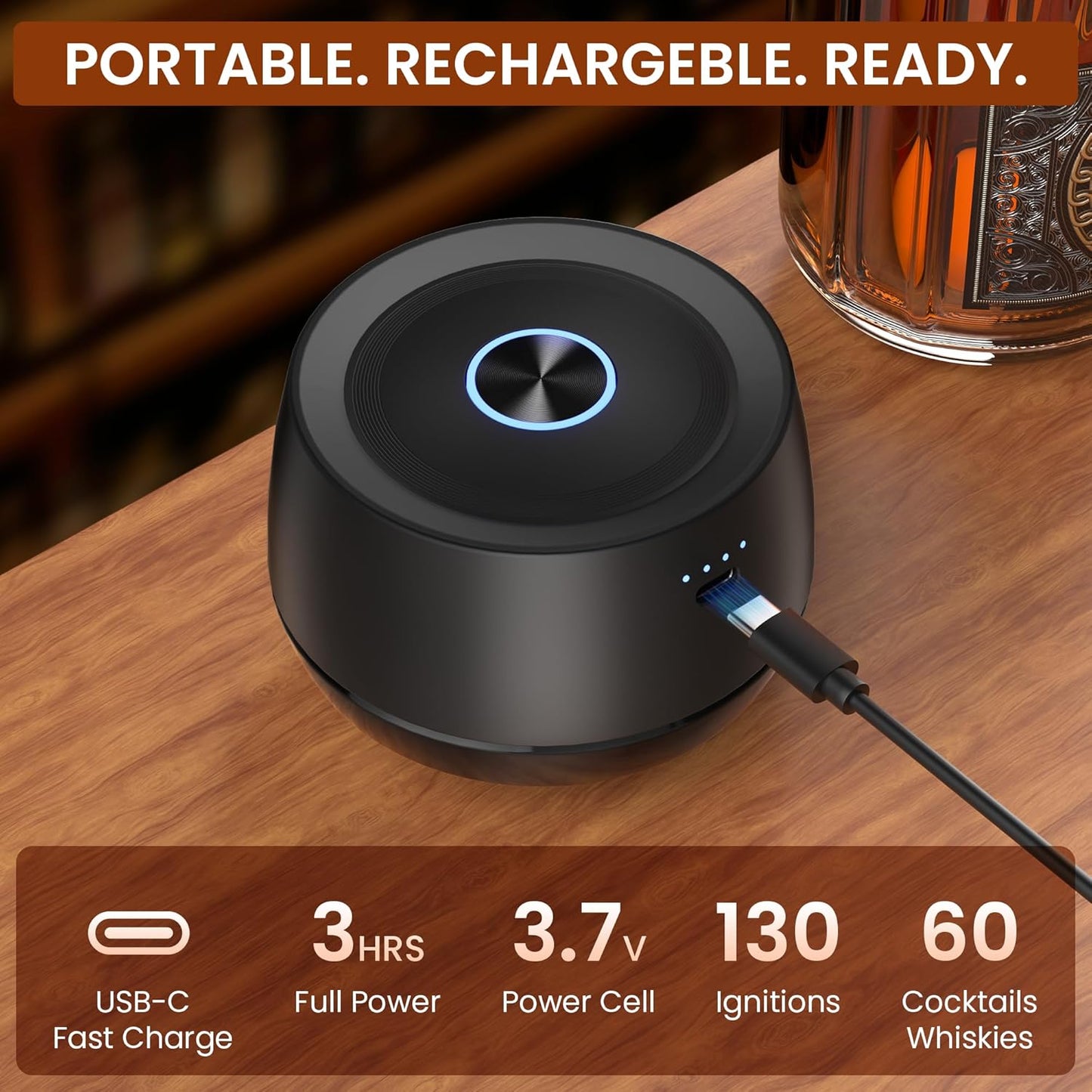 Electric Whiskey Smoker Kit: Rechargeable Cocktail Smoker for Old Fashioned & Bourbon Drinks with Built-in Lighter, No Butane Needed, 6 Wood Chips, Christmas Whiskey Gift for Men, Dad, Husband