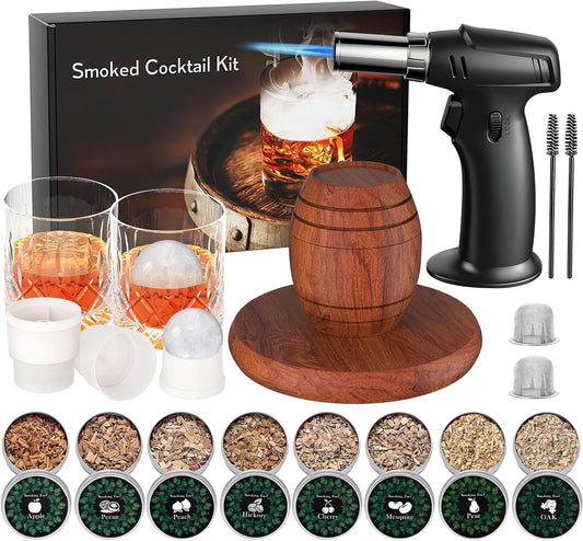 Whiskey Smoker Kit with Torch - 8 Flavors Wood Chips, 2 Glasses, 2 Ice Ball Molds - Cocktail Smoker Infuser Kit, Old Fashioned Drink Smoker Kit, Birthday Fathers Day Bourbon Gifts for Him, Men, Dad