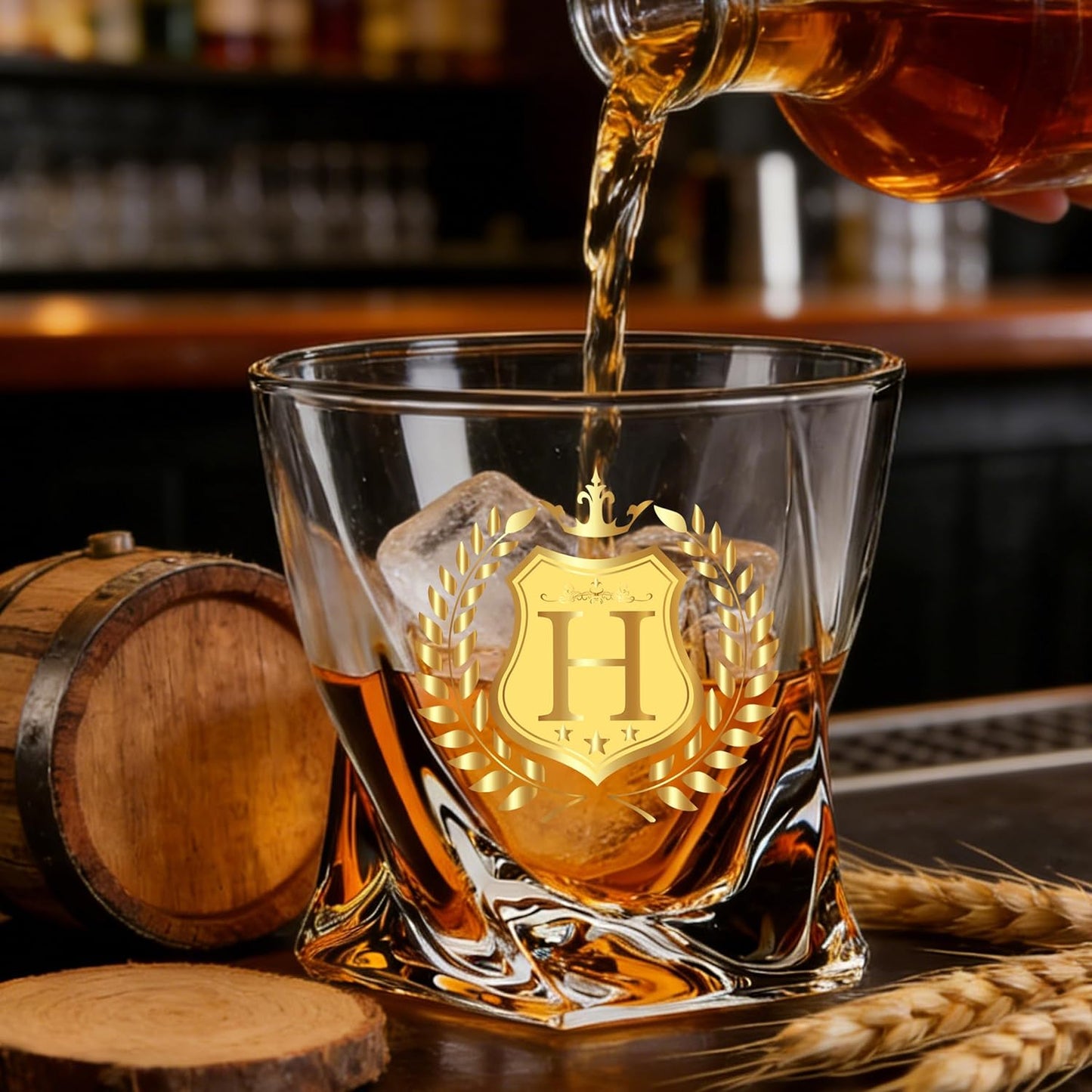 Monogrammed Whiskey Glass Gift Initial Letter H Gift for Man Woman Personalized A-Z Wine Glasses Gifts Package with Whisky Glass and Greeting Card for Men or Women