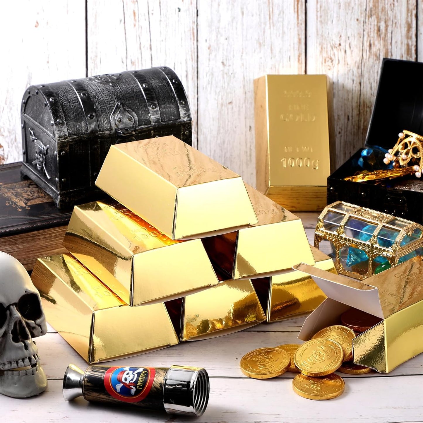 Honoson 36 Pcs Gold Bar Fake Gift Box Foil Gold Bar Party Favor Boxes Paper Golden Favor Boxes Treasure Brick for Pirate Casino Theme Party Decorations Candy Treats Chocolate Toys, 5.5 x 3.2 Inches
