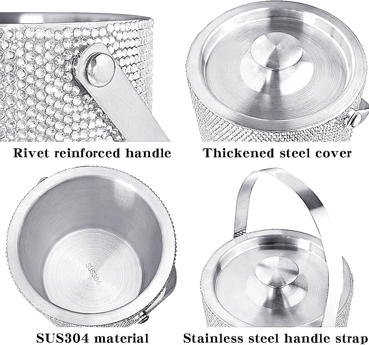 Bling Double Walled Stainless Steel Ice Bucket with Ice Tong & Lid [2 Liter] ，Shiny Insulated Ice Bucket Included Strainer Keeps Ice Cold & Dry, for Home Bar, Chilling Beer, Champagne, Red Wine