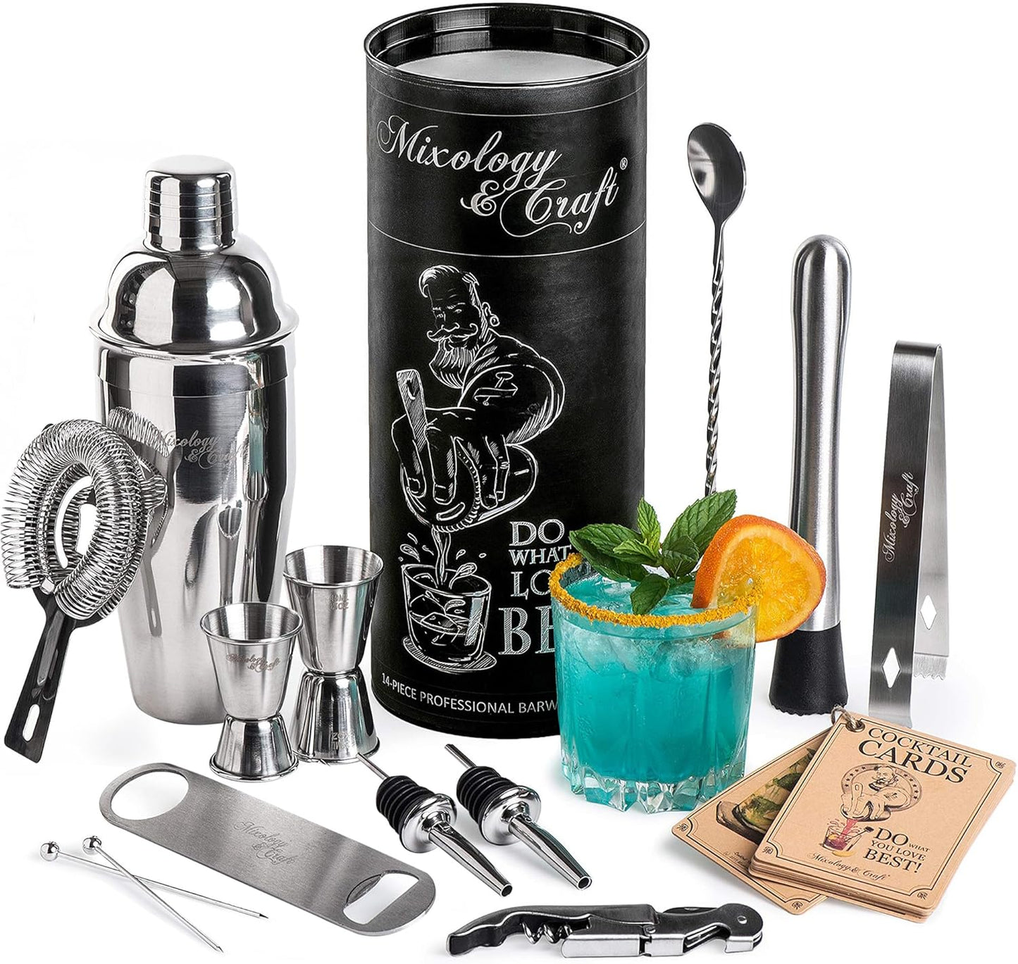 Mixology & Craft All-in-One Stainless Steel Cocktail Shaker Kit with 24 oz Cobbler Shaker, Includes Strainer, Muddler, Spoon, Jiggers, Pourers, Picks, Tongs, Bottle Opener - Gift-Ready Package Tube