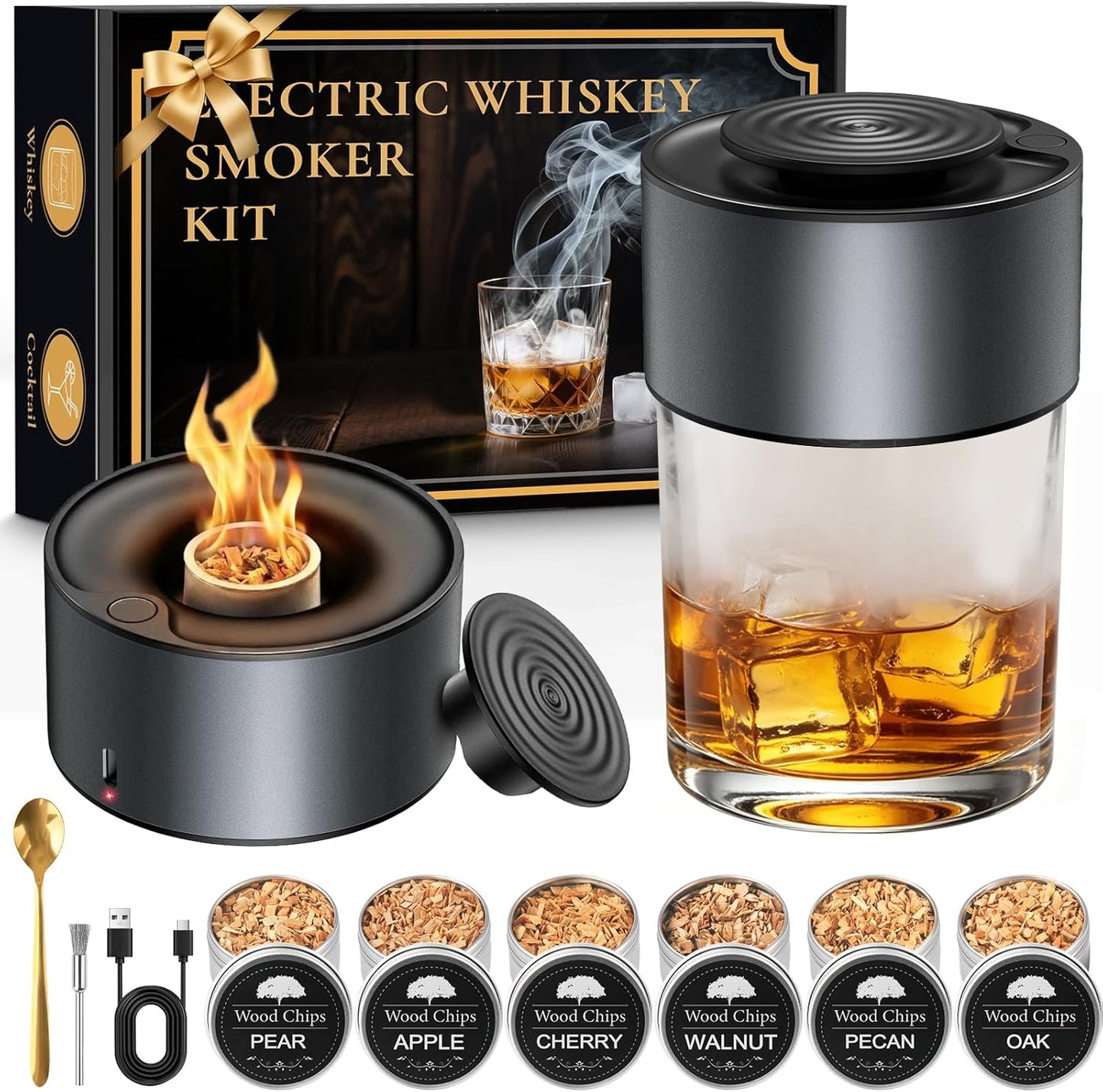 Electric Whiskey Smoker Kit, Rechargeable Bourbon Smoker Kit with 6 Flavors of Natural Wood Chips, Drink Smoker Infuser Kit Cocktail Idea Christmas Birthday Gifts for Men Husband Dad Him
