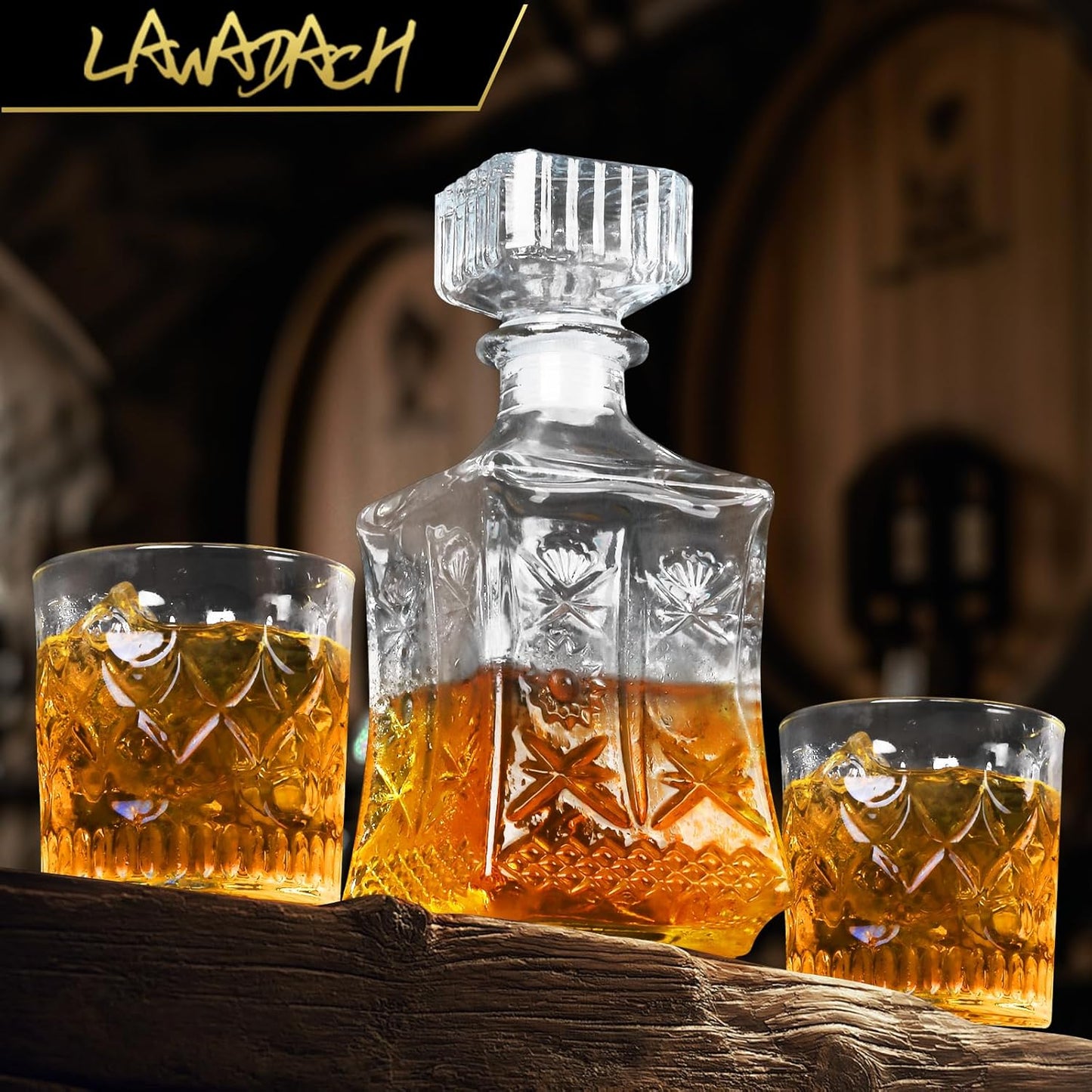 LAWADACH Whiskey Decanter for Men, Glass Liquor Decanter Set with 2 Whiskey Glasses, Decanter for Tequila,Bourbon, Scotch, Brandy and Vodka, Gift for Men, Ideal Home Bar Decor - 28oz
