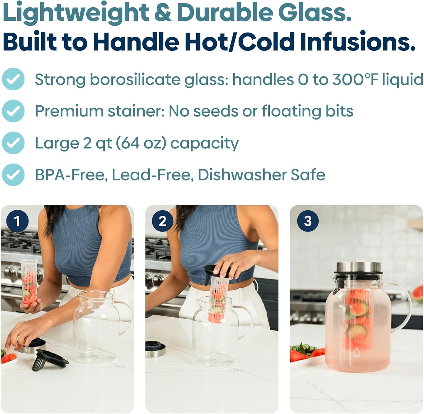 Infusion Pro Glass Fruit Infuser Water Pitcher, Heat Resistant for Hot/Cold Use, Great Iced Tea Pitcher | Tranquil Collection, 2 Qt