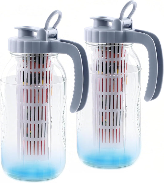 Mason Jar Pitcher With Fruit Infuser 2 Quart Water Pitcher With Pour Spout Lid 2 Pack Half gallon Wide Mouth Glass Carafe For Milk, Fruit Infused Water, Iced Tea, Lemonade, Cocktail, Cold Brew Coffee - 64 oz 2-Pack
