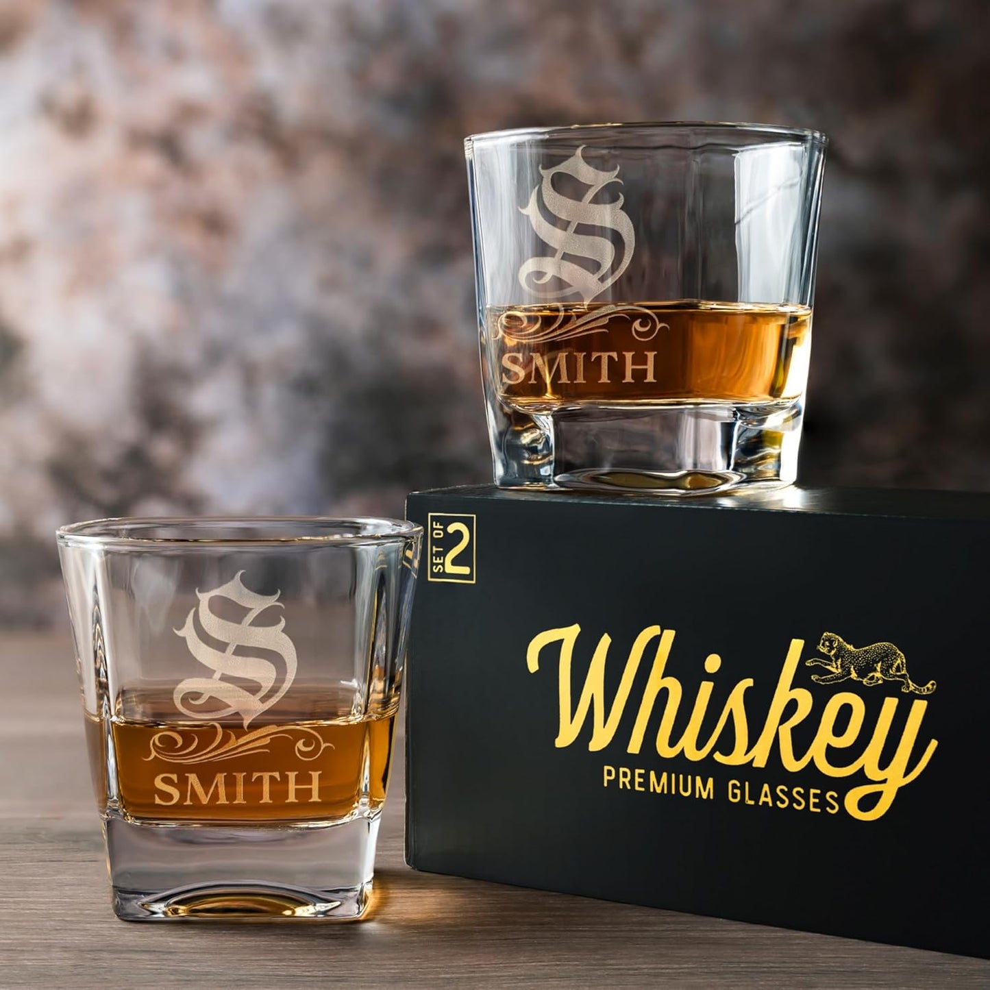 Amazing Items Set of 4 - Whiskey Gifts for Men, Personalized Whiskey Glasses w/Name & Initial - 9 Designs - 9 oz, Limited Edition Monogrammed Rocks Glasses, Dad Gifts