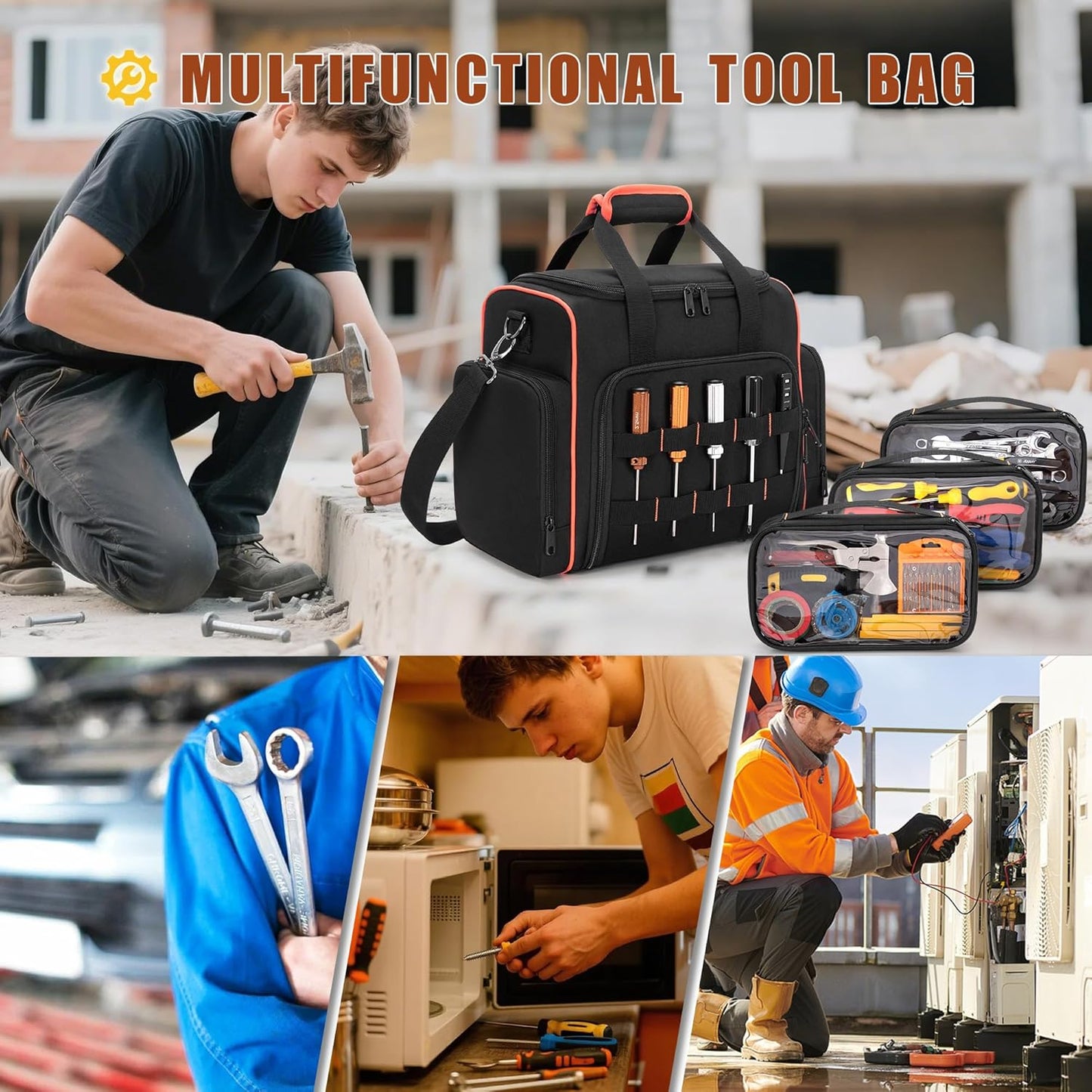Marscamd Tool Bag with 3 Removable Cases, 2 Layers Tool Tote for Hand Tools, Black with Red Binding