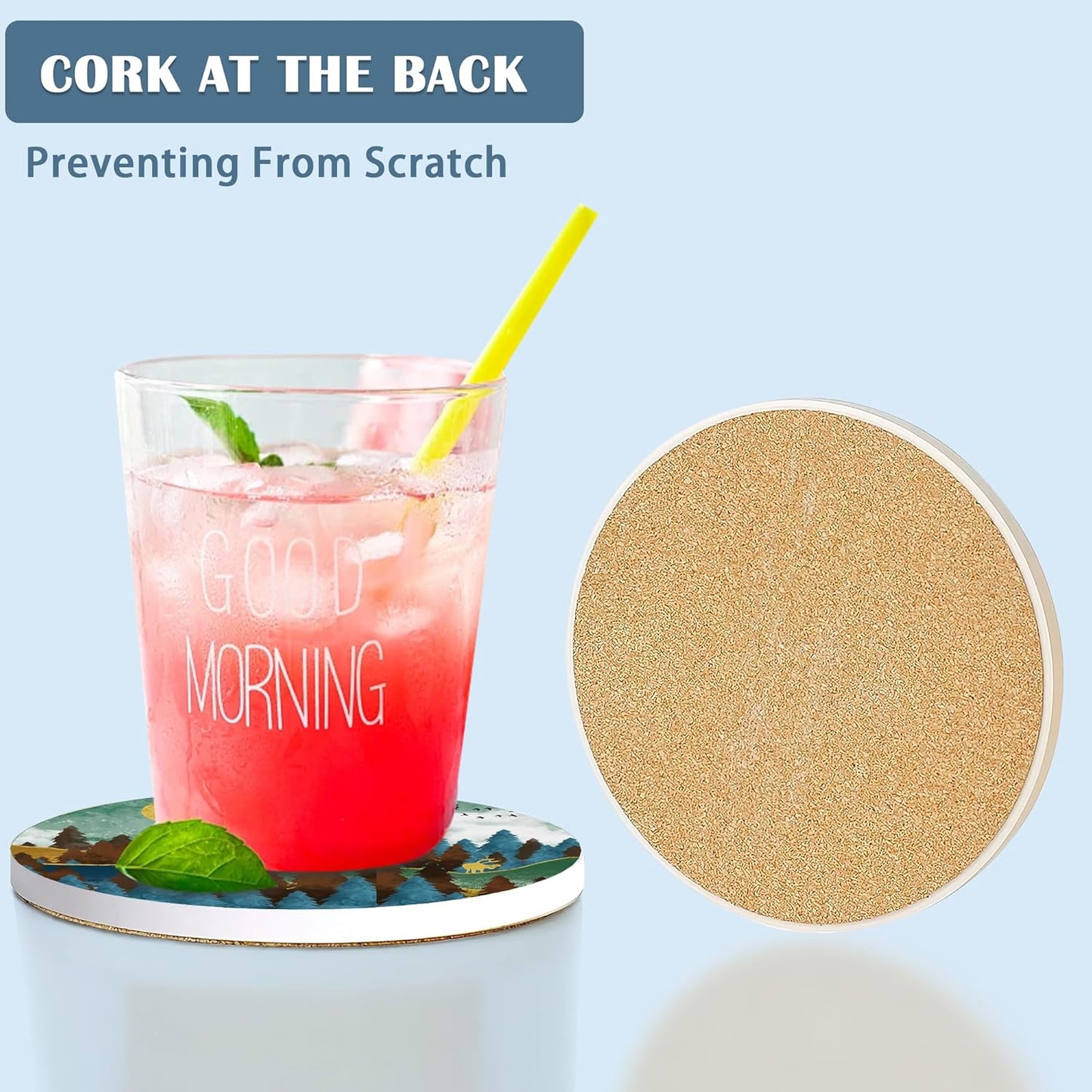 Coasters for Drinks, Set of 4 Absorbent Ceramic with Cork Base, Mountain and Forest Nature Design, Round Shape, Perfect for Coffee Table Protection and Gifts
