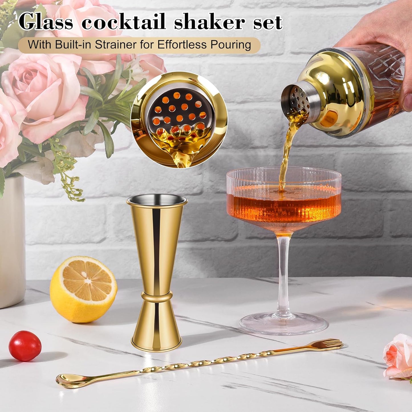 Glass Cocktail Shaker Set with Gold Lid,Cocktail Shaker Glass Kit with Built-in Strainer, Jigger, Bar Spoon & Muddler, Leakproof Glass Shaker for Home Bar, Cocktails, Martini, Gift(4-Piece)