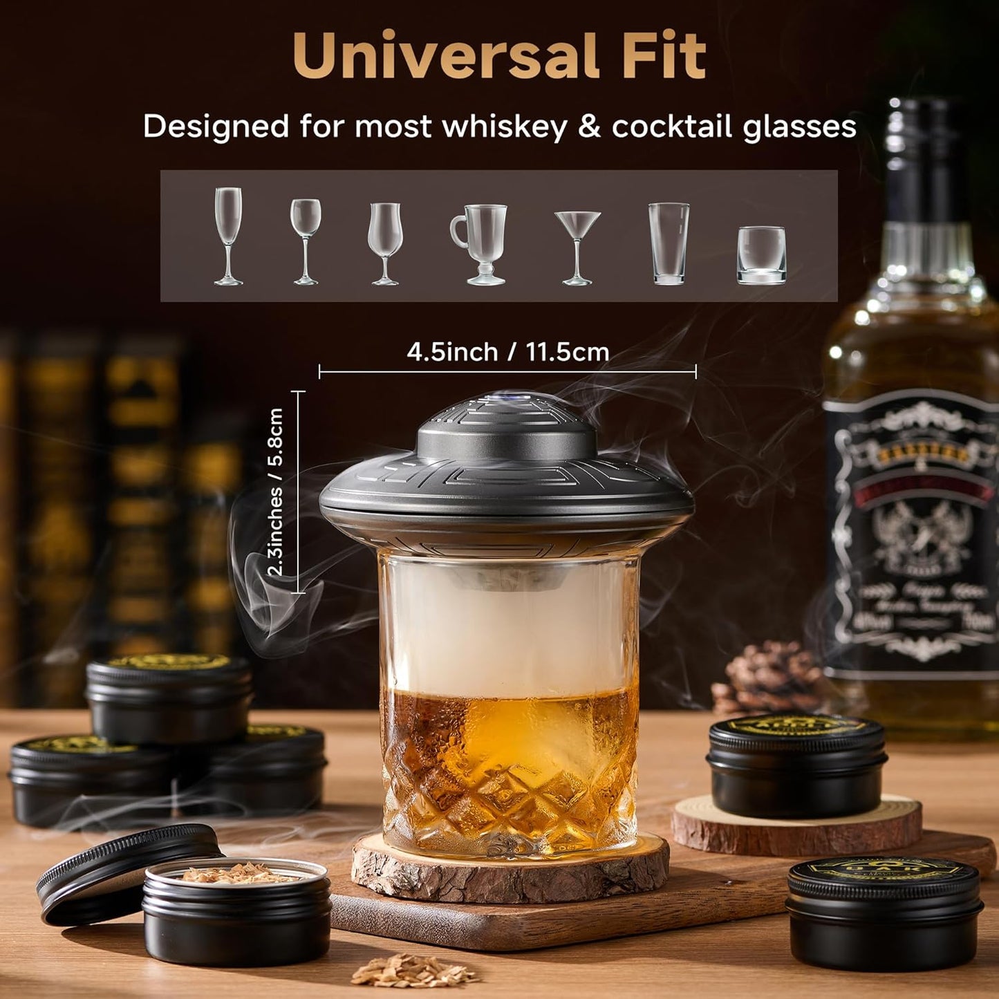 ComboJoy Electric Whiskey Smoker Kit with LED – 6 Flavors Wood Chips, Whiskey Glass & Ice Cube Mold – Rechargeable Cocktail Smoker, Old Fashioned Bourbon Gifts for Men, Dad, Husband -Grey