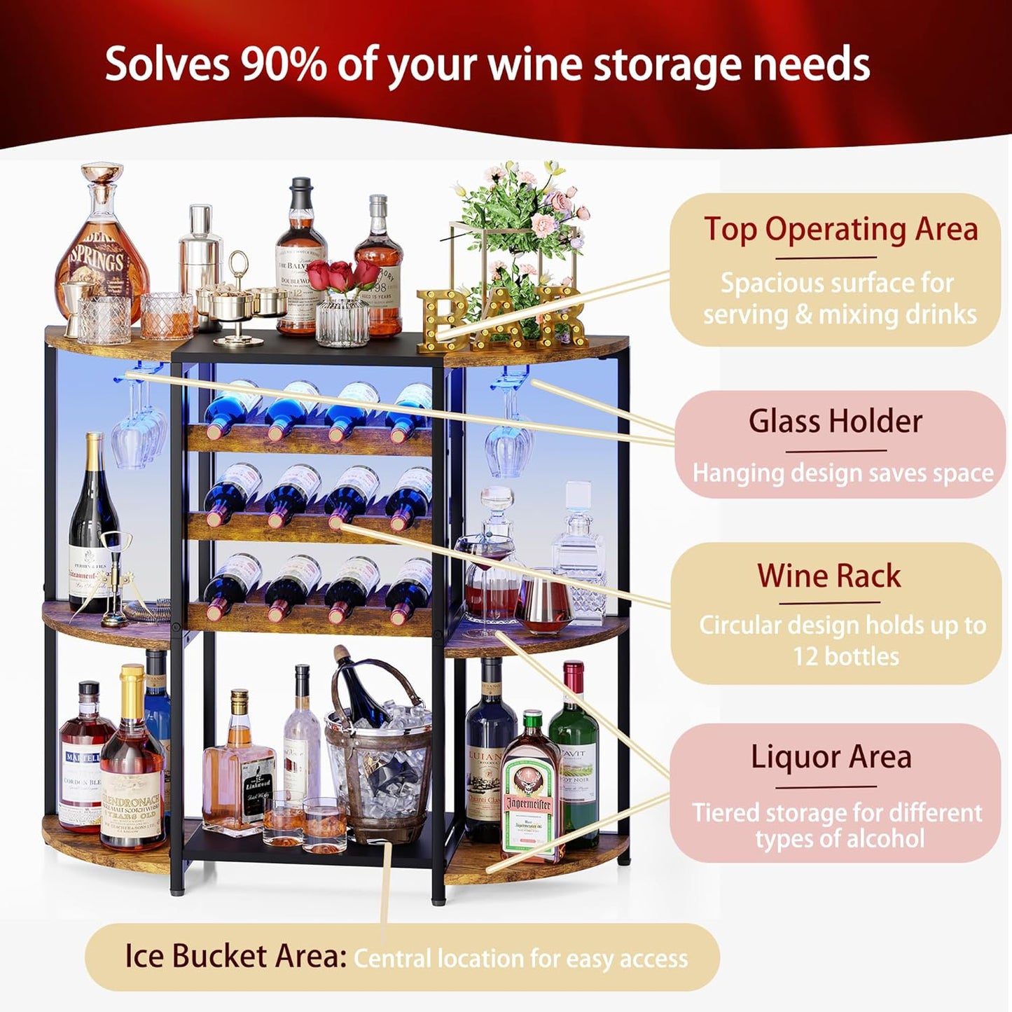 JKsmart Small Wine Bar Cabinet with LED Lights, Mini Wine Rack with Storage and Glass Holder, Home Bar Cart for Liquor, 3-Tier Bar Table for Kitchen, Dining Room, Living Room, Rustic Brown