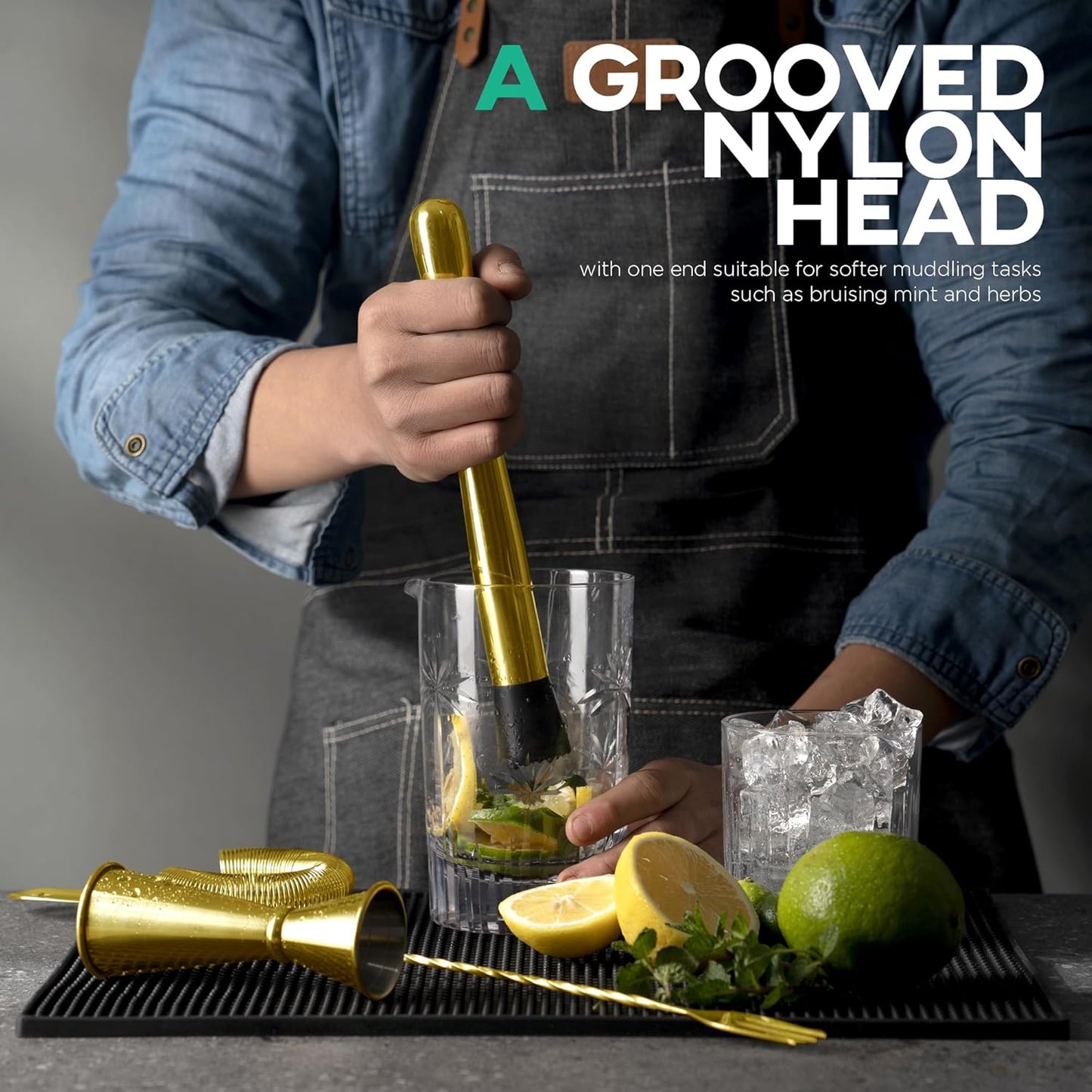 Homestia Gold Muddler for Cocktails - 10 Inch Professional Stainless Steel Muddler - Durable Cocktail Muddler Drink Smasher & Mojito Muddler - Wine Accessories Ideal Valentines Day Gifts for Him