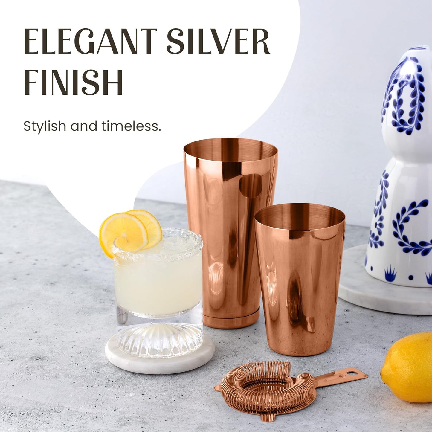 Mixology & Craft Boston Shaker Set with Weighted Martini Mixers, Strainer, Japanese Jigger, Leak-Proof Copper Finish, Exclusive Recipe Cards – Ideal Bar Tools Gift for Home Or Professional Use