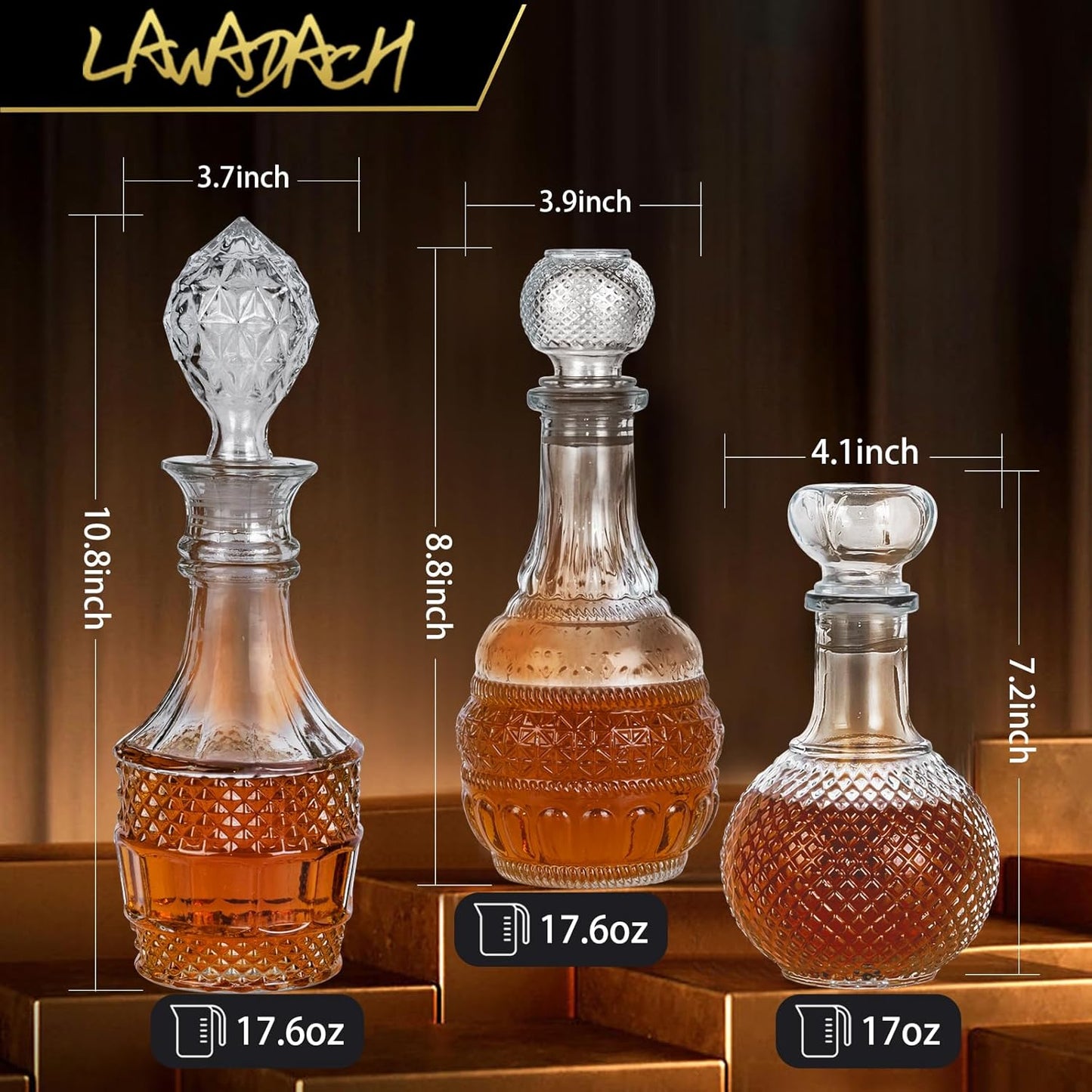 LAWADACH Liquor Decanters Whiskey Decanter Set - Creative Glass Decanter for Liquor,Decanter for Tequila,Bourbon and Vodka Unique Whiskey Presents for Man,Dad and Home Bar Decor(17.6oz*2, 17oz*1)
