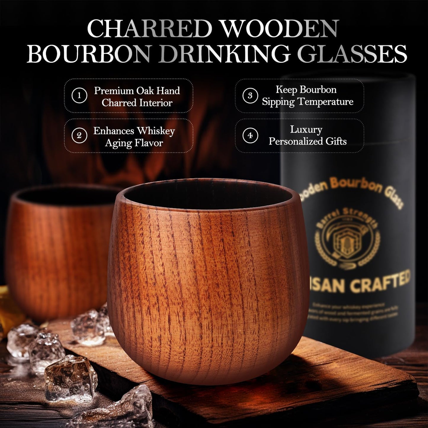 Charred Hardwood Bourbon Glasses Set of 2 - Handcrafted Wooden Whiskey Tumblers with Natural Insulation - Campfire Ready Design & Collector Grade Wood Grain - Perfect Home Bar Gifts