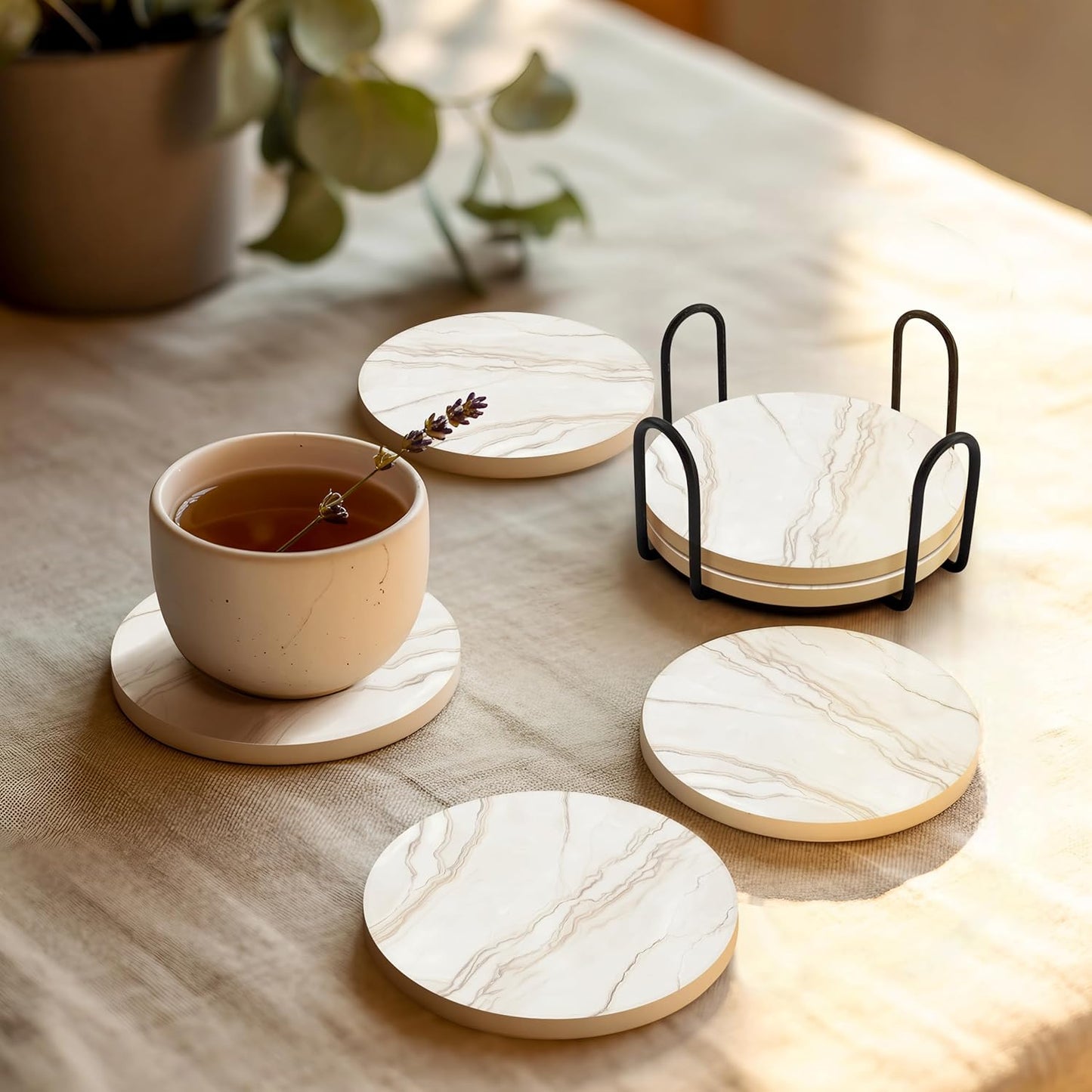 VEYRO Ceramic Coasters Set of 6 – Absorbent Stone Drink Coasters with Holder, Non-Slip Cork Backing, Modern Marble Look Coasters for Coffee Table, Desk & Home Decor