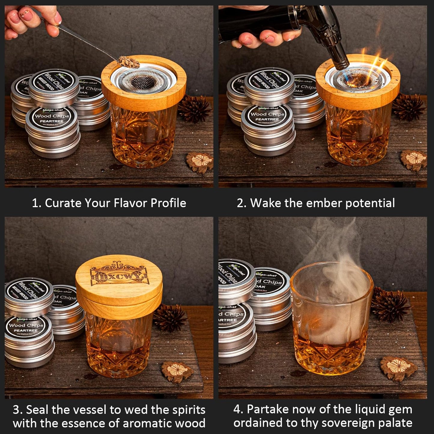 Whiskey Smoker Kit for Cocktails - Premium Oak Smoke Top with Torch (No Butane), 8 Flavors Wood Chips, 3 Ice Marbles & Cocktail Cards - Ideal Gift for Men, Dad, Husband, Whiskey Lovers Home Bar