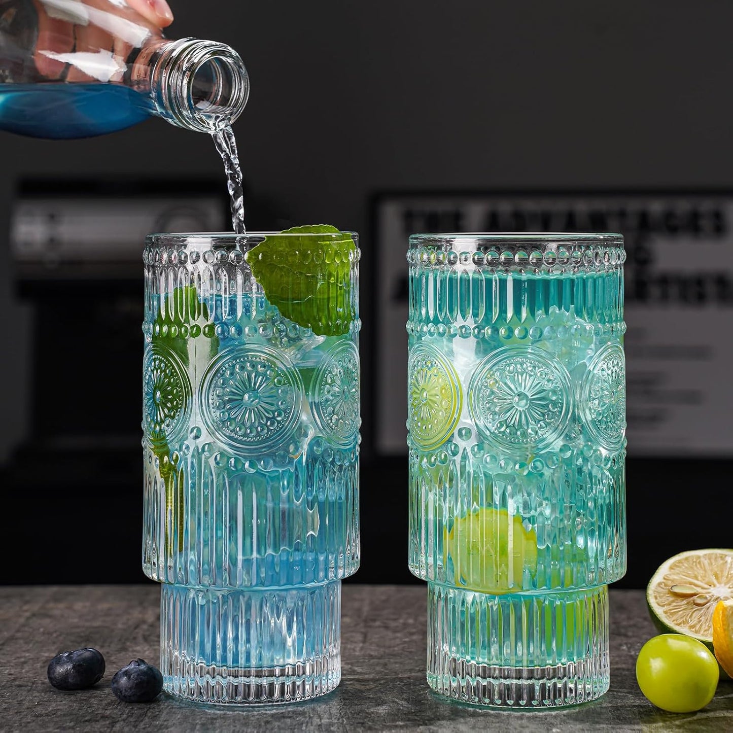 Embossed Designed Glasses, 8pcs Highball Glasses, 16oz Vintage Ribbed Striped Glassware for Cocktail, Whiskey, Juice