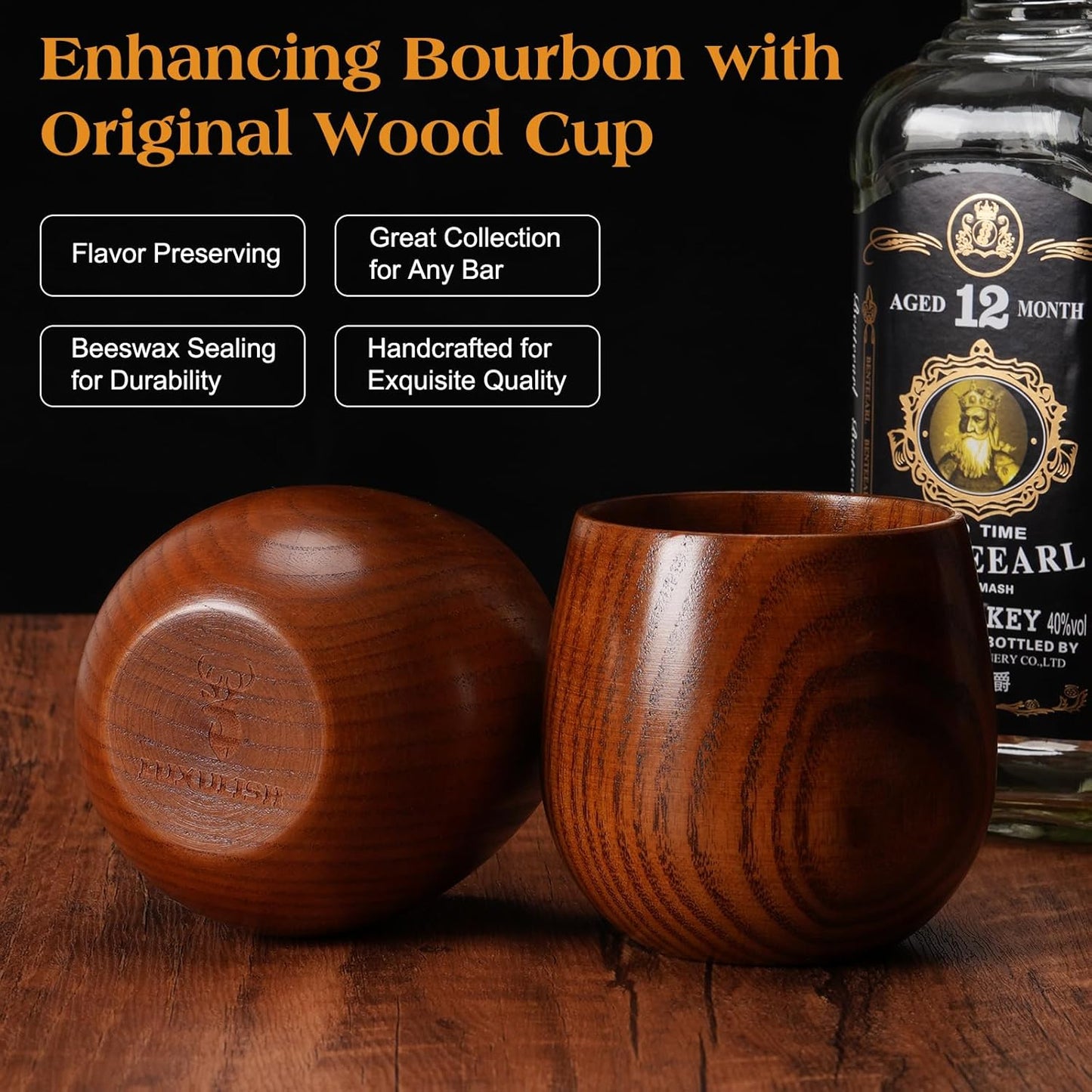 LUXULISH Wooden Bourbon Glass, Include 3 Stainless Steel Ice Cubes, The Original Wood Bourbon Drinking Tumbler, Old Fashioned Whiskey Glass Cup, Gifts for Men, Dad, Husband, Brother, Friends