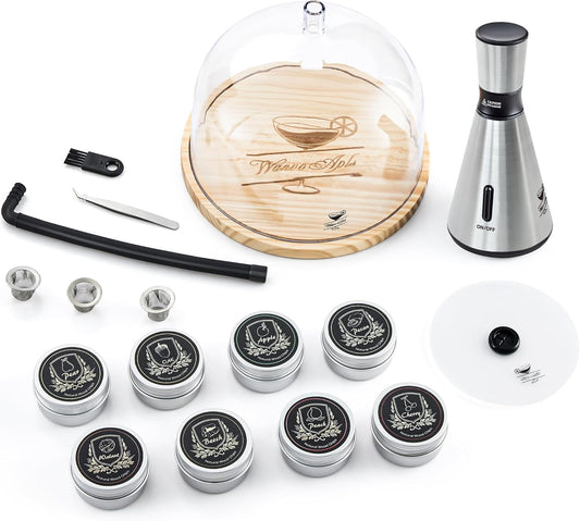 Elegant Cocktail Smoker Kit - Complete Whiskey Drink Smoking Gun with 8 Flavors of Wood Chips, Dome, and Accessories, Adds Flavor to Food and Drinks, Infuser Kit for Indoor Outdoor Use - Silver