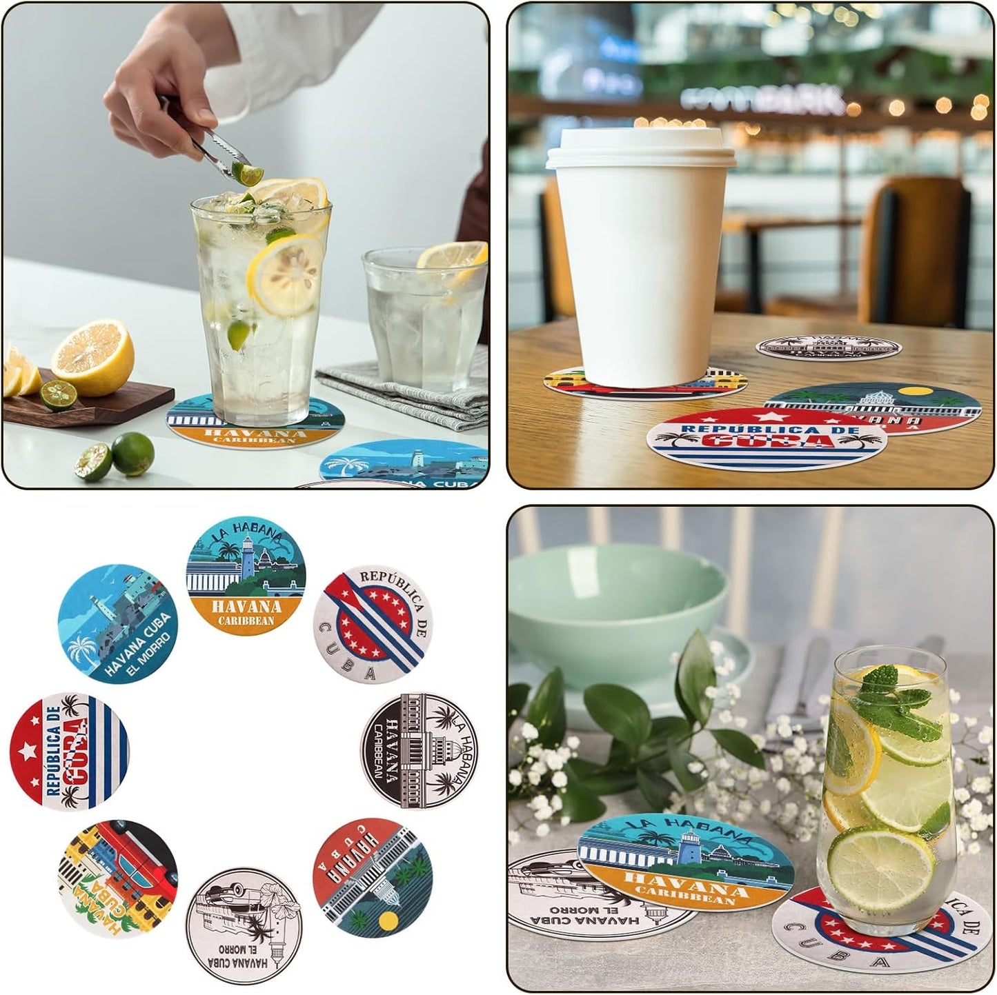 FoldTier Set of 48 Havana Print Disposable Paper Drink Coasters for Bar Bulk 4 Inch Round Cup Beer Coasters Absorbent for Havana Nights Party Supplies Summer Hawaii Tropical Table Decoration