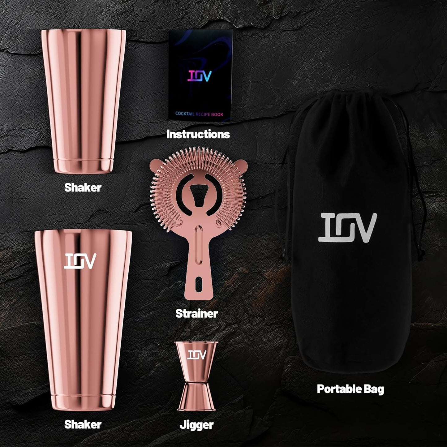 IOV Boston Cocktail Shaker Bar Set, Bartender Kit Drink Mixer Set with 18 oz & 28 oz Boston Shakers, Hawthorne Strainer, Double Jigger, Bar Tool Kit and Recipe Booklet - Rose Gold