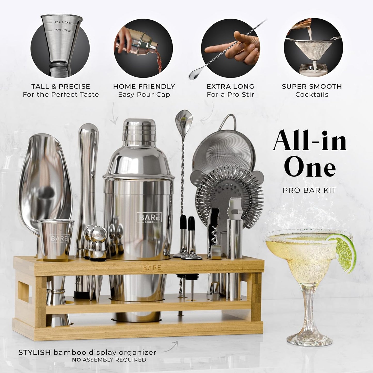BARE BARREL® Mixology Bartender Kit Bar Set | 16-Piece Cocktail Shaker Set | Martini Barware Mixing Tools for Home Bartending | Incl. 35 Recipe Cards | Gift Set (24oz Cobbler Shaker, Silver/Natural)