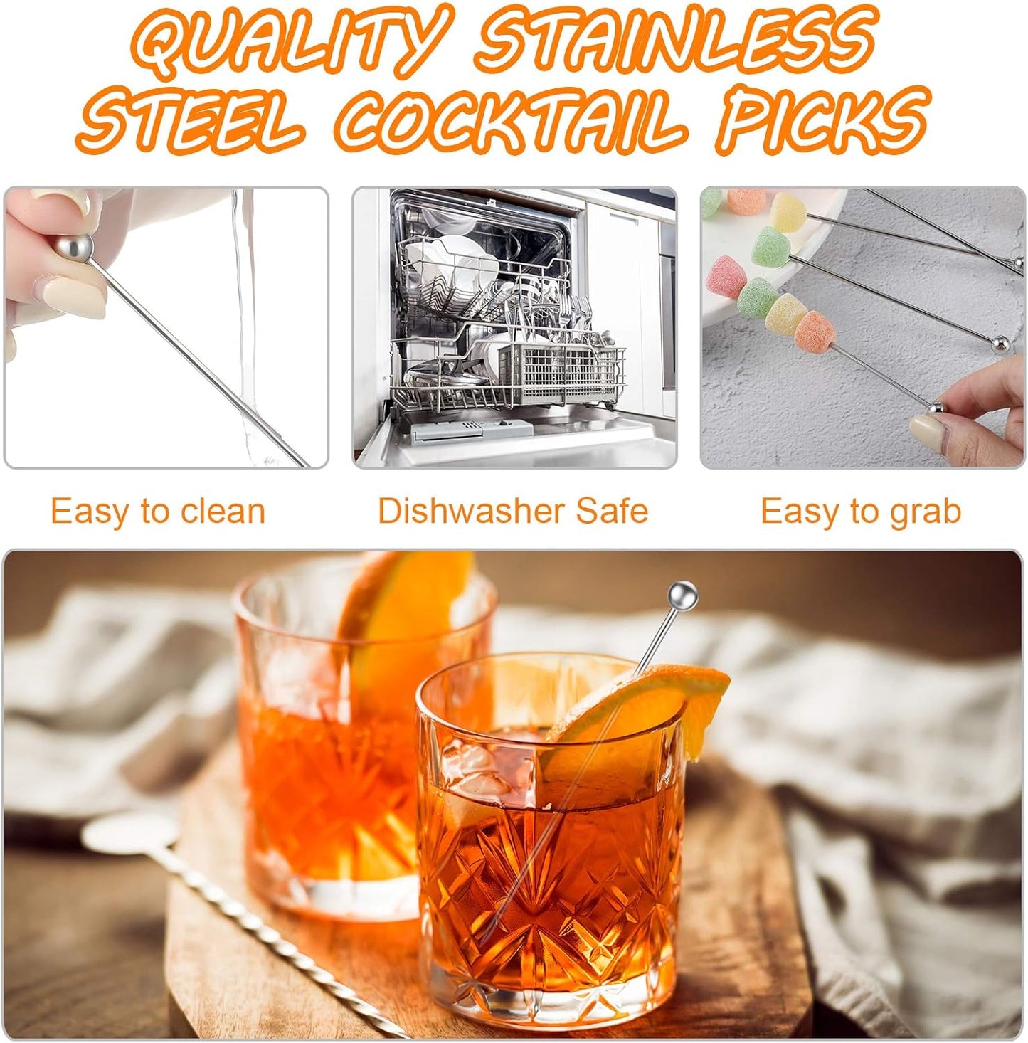 60 Pieces Cocktail Picks Stainless Steel Cocktail Skewers Set Reusable Metal Martini Picks 4.3 Inches Sandwich Appetizer Toothpicks for Party Home Bar